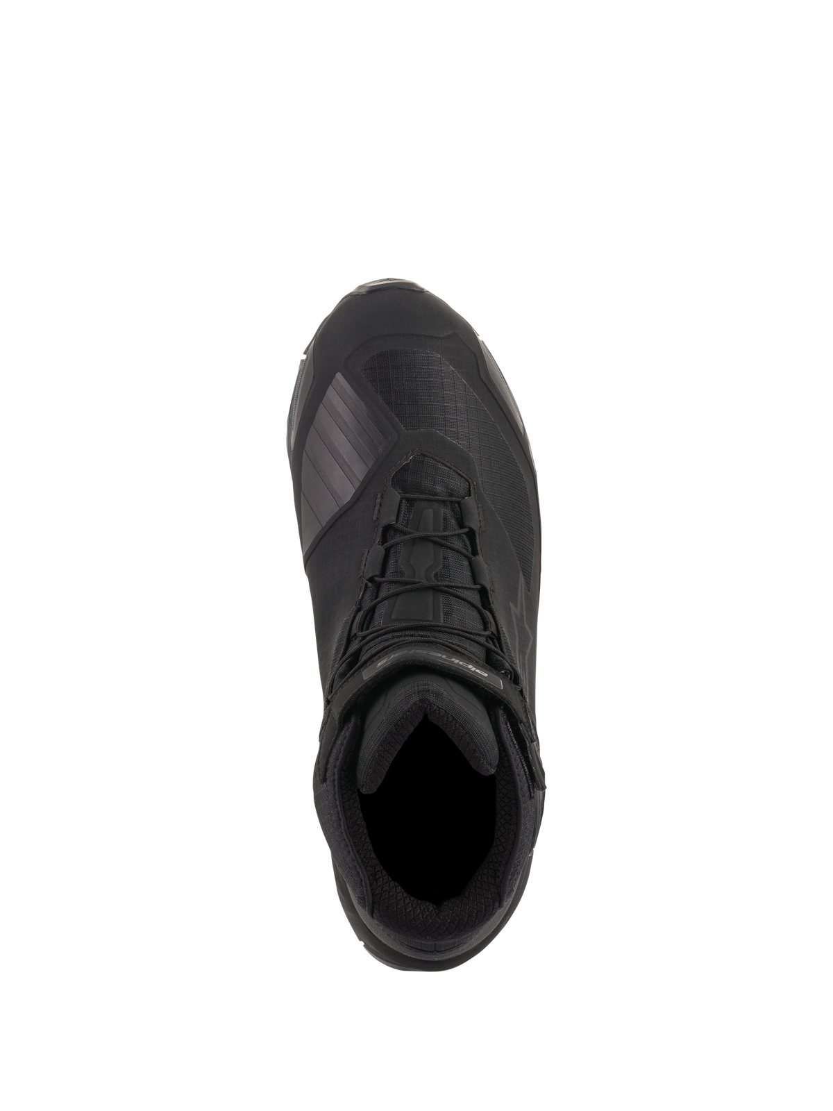 Chaussures de moto Alpinestars CR-X Drystar®, noir, vue de dessus montrant la construction en textile technique, lacets intégrés avec sangle de cheville et zone de changement de vitesse protectrice en TPU, chaussures imperméables conçues pour un confort tout au long de la journée.