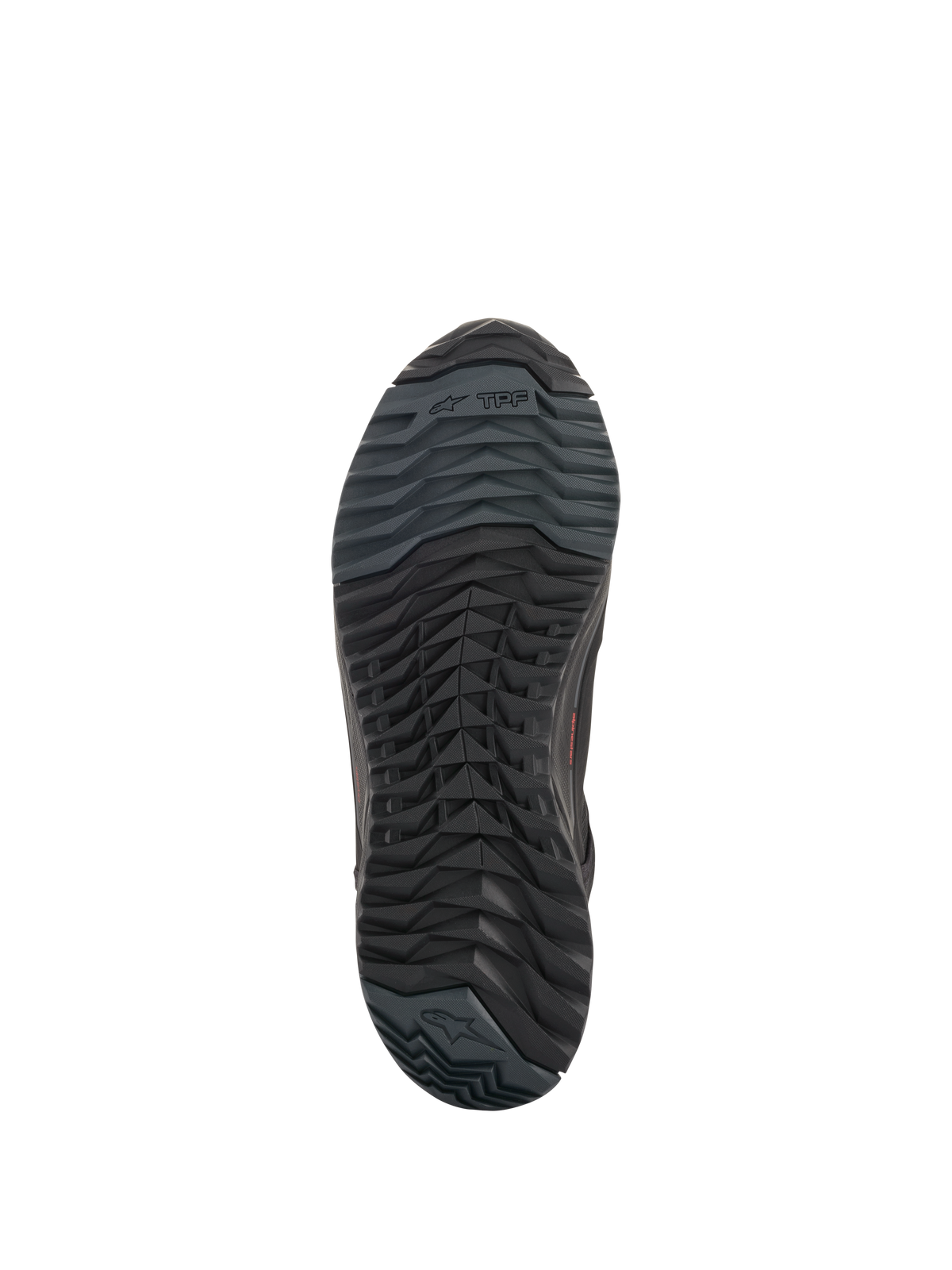 Chaussures de moto Alpinestars CR-X Drystar®, noir, vue de dessous de la semelle extérieure montrant la configuration asymétrique des crampons, composé de caoutchouc résistant à l'huile et logo Alpinestars.