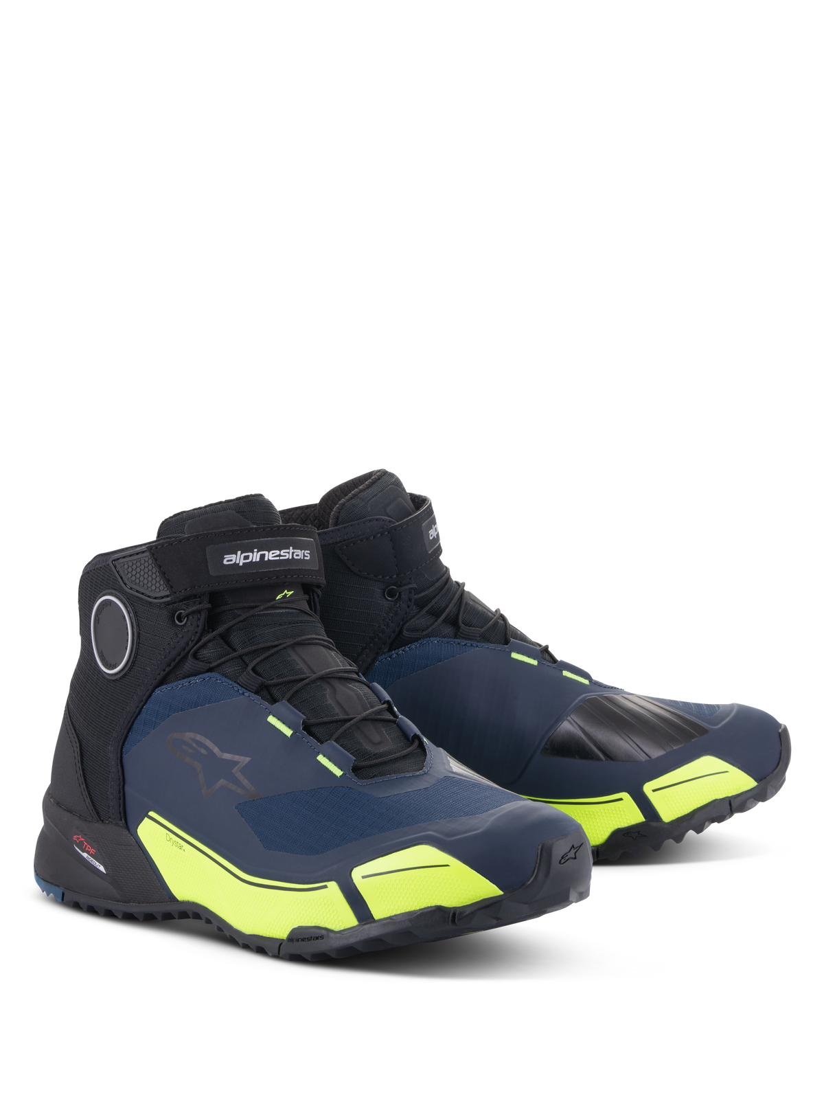 Chaussures de moto Alpinestars CR-X Drystar®, noir, bleu foncé et jaune fluo, chaussures de moto imperméables avec silhouette de chaussure de course, design mi-montant au style athlétique et accents jaune fluo vifs.