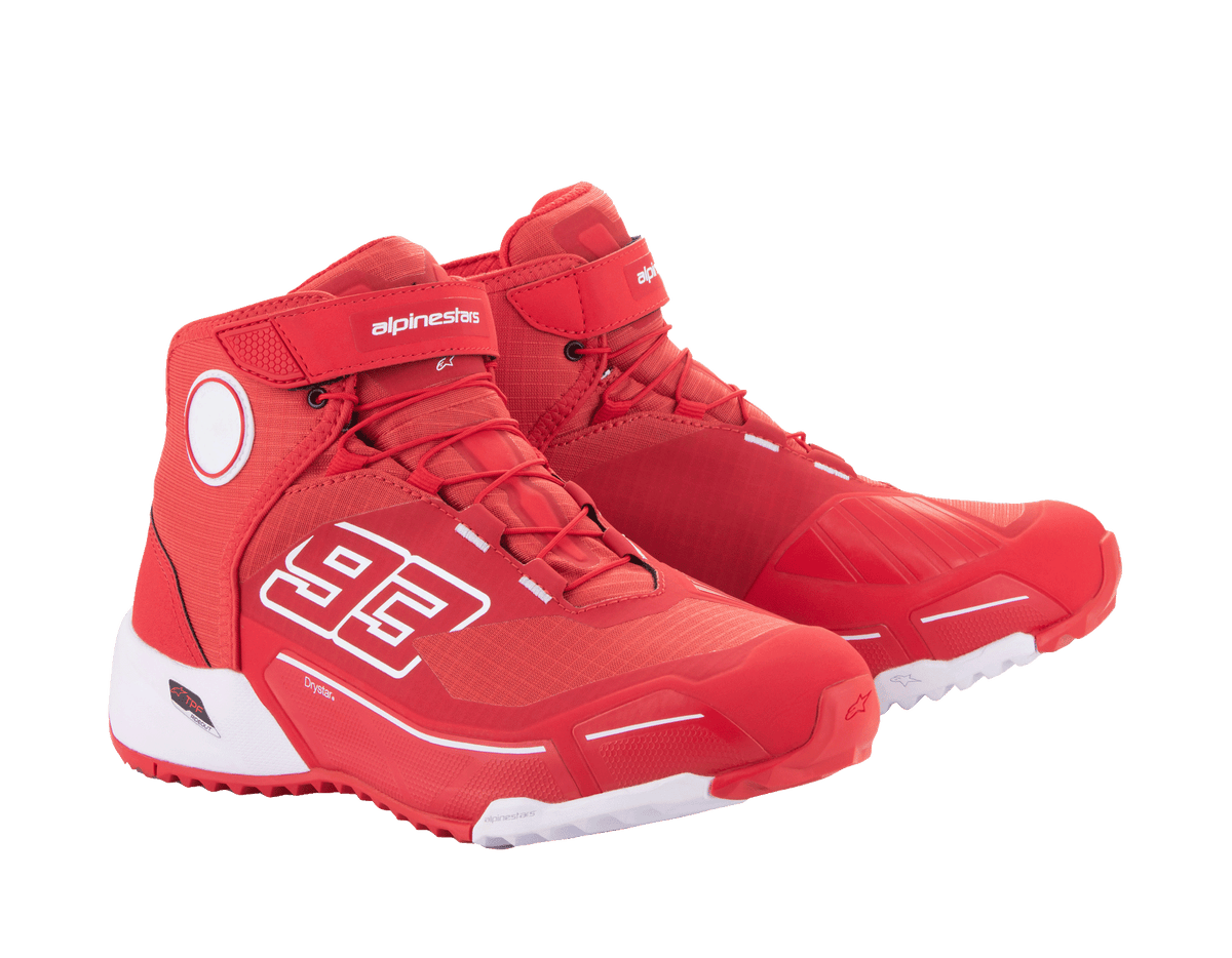 Alpinestars MM93 CR-X Drystar® Riding Shoes, Bright Red and White, side view, featuring '93' graphic on the side, Alpinestars logo on the strap, white technical sole, and a running-shoe-inspired silhouette for motorcycle riding