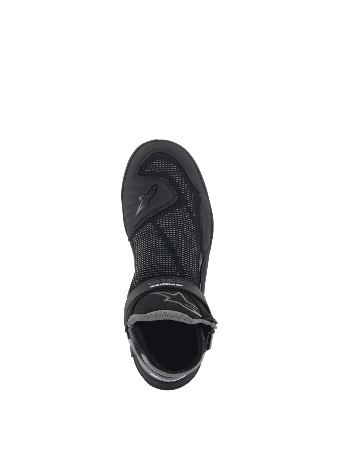 Alpinestars Speedflight, chaussures de moto urbaines noires et gris métal, tige en maille tricotée, vue de dessus.