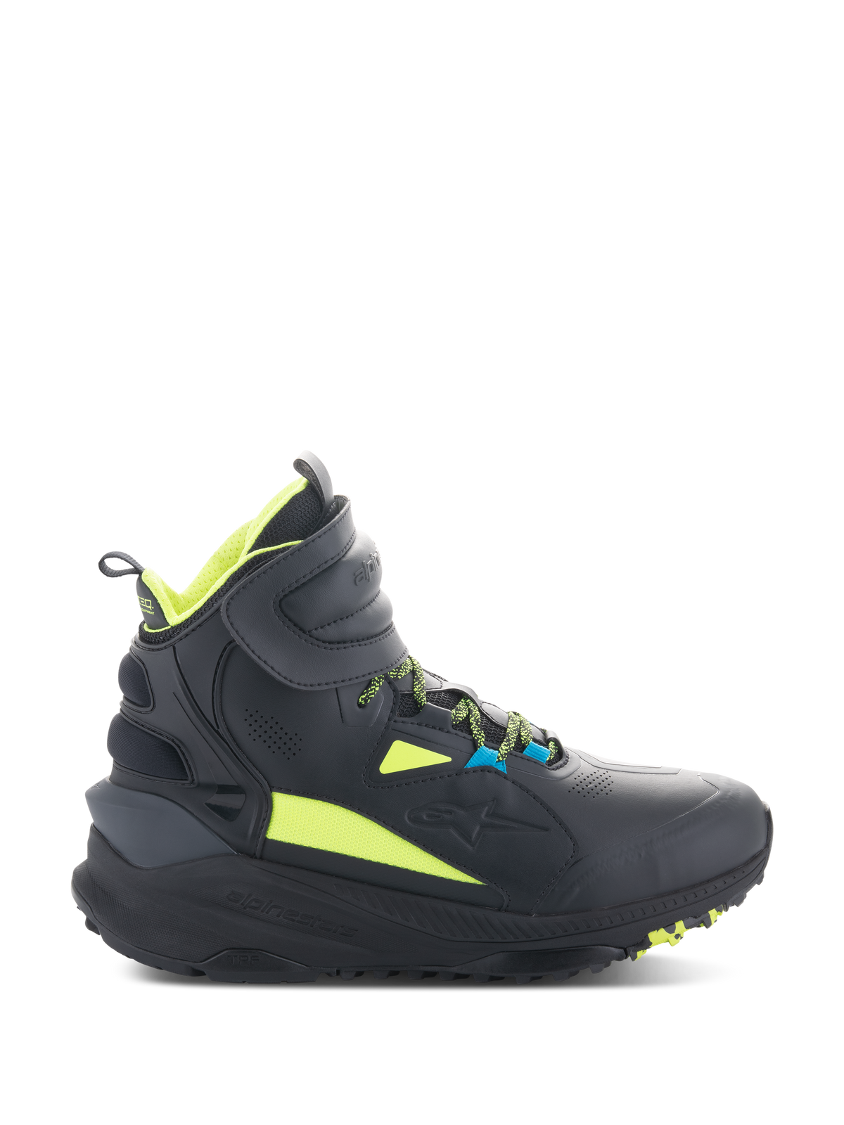 Chaussures Alpinestars Speedstreet, baskets de moto montantes noires avec accents jaune fluo et bleu, dotées d'une semelle texturée épaisse, d'un col rembourré et d'un design sportif moderne pour la conduite urbaine