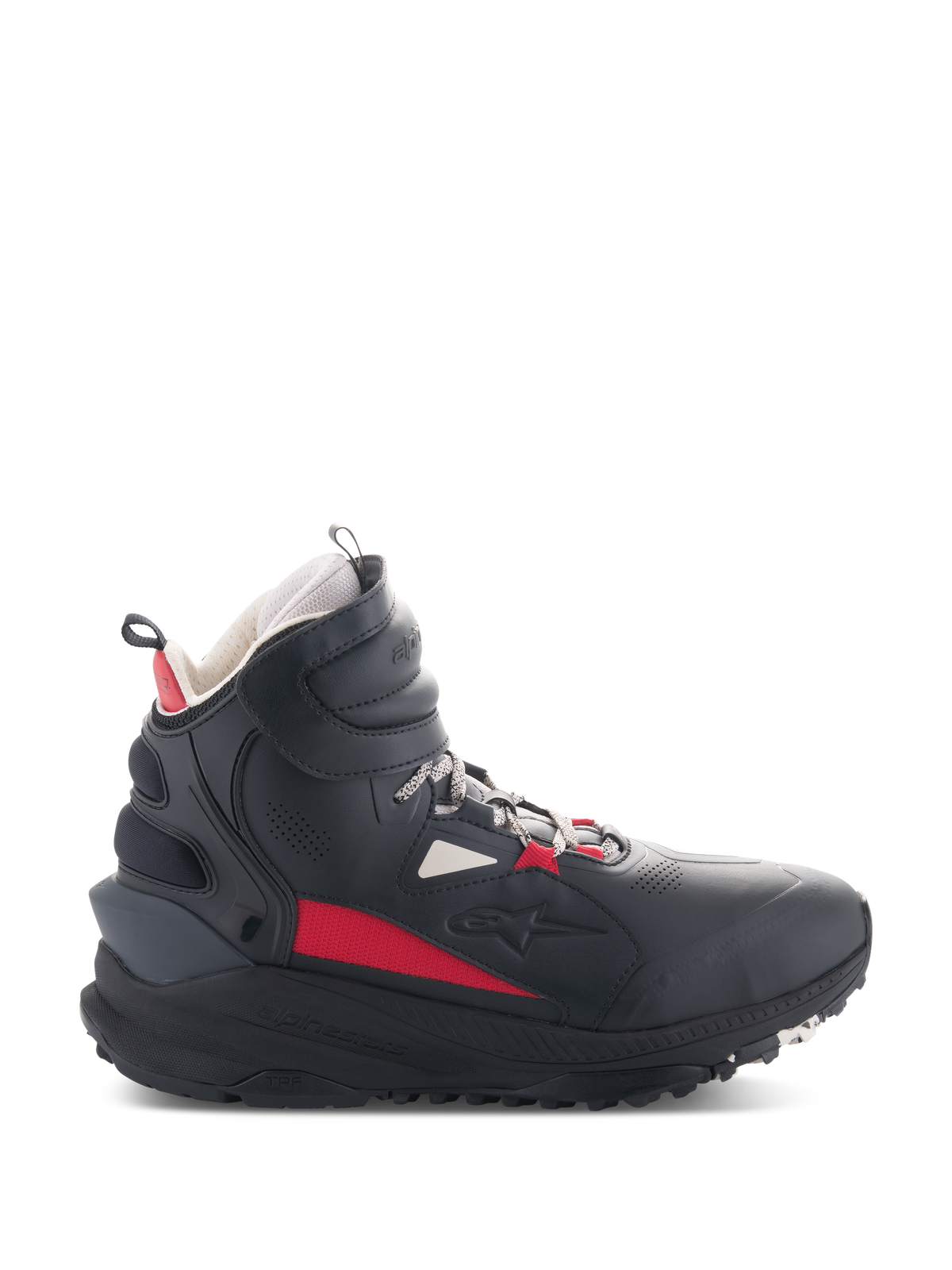 Chaussures Alpinestars Speedstreet, chaussures de moto, noir, écru et rouge vif, profil latéral montant, design inspiré du streetwear, col de cheville rembourré, semelle épaisse avec marquage TPF, équipement de protection pour la conduite urbaine