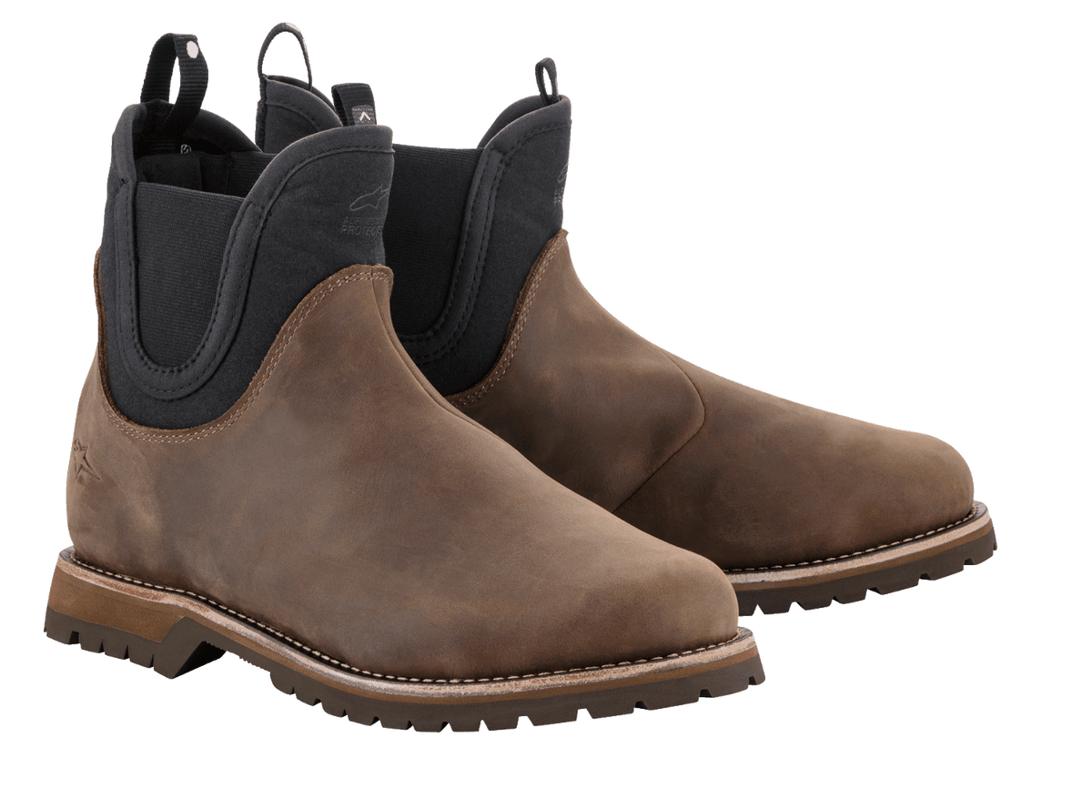 Alpinestars Turnstone Shoes, Chelsea-style Motorcycle Boots, Chocolate Brown, full-grain leather upper with black elastic side panels, rugged lugged sole, protective urban riding footwear