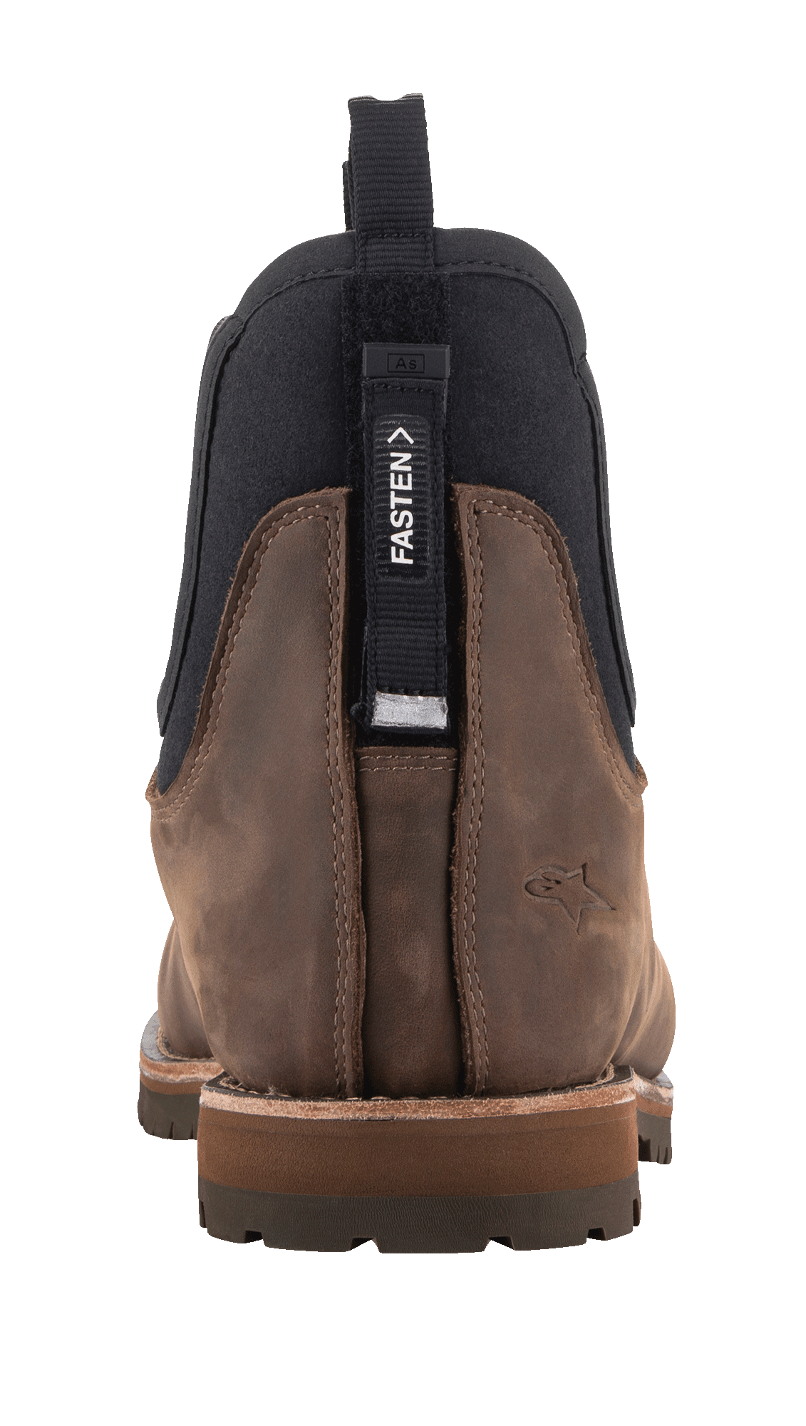 Alpinestars Turnstone Shoes, Chocolate Brown bovine leather, Chelsea boot style, rear view showing adjustable 'FASTEN' tab for internal lace system, black elastic side panels, embossed star logo on the heel, rugged lugged sole