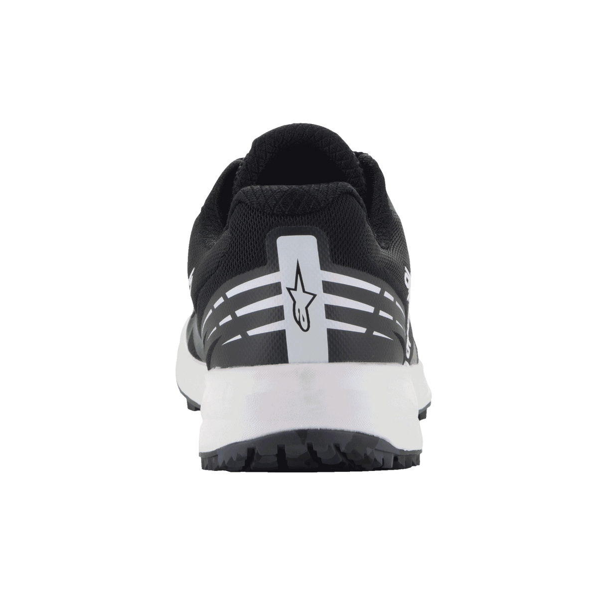 Chaussures Alpinestars Meta Road V2, chaussures sportswear, noir et blanc, vue arrière présentant le logo étoile Alpinestars blanc et des rayures horizontales sur le talon, semelle intermédiaire blanche, conception légère et respirante pour les tenues de travail des équipes de course