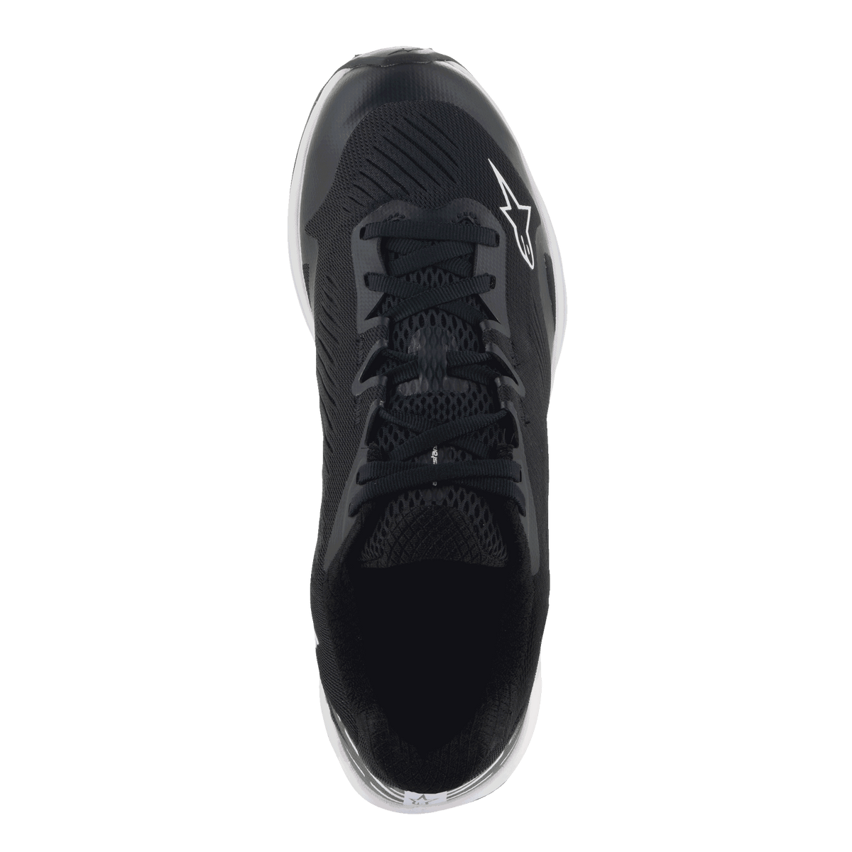 Chaussures Alpinestars Meta Road V2, chaussures sportswear, noir et blanc, vue de dessus montrant la tige en maille synthétique respirante, des lacets noirs et le logo Astars blanc, conçues pour un confort tout au long de la journée et pour les tenues de travail des équipes de course.