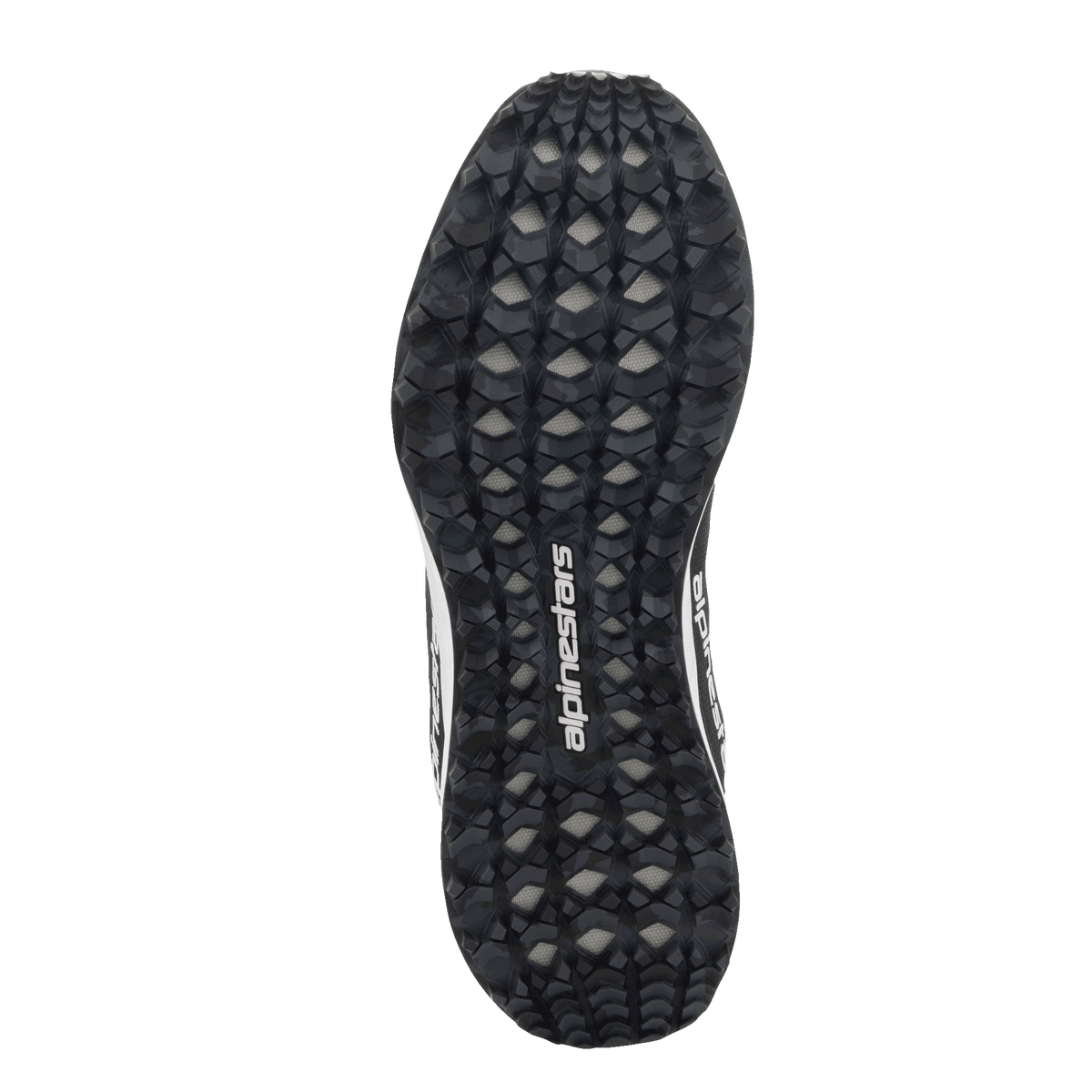 Chaussures Alpinestars Meta Road V2, vue de dessous de la semelle extérieure, motif à crampons style camouflage noir et gris, logo Alpinestars blanc, semelle en caoutchouc durable pour une traction tout-terrain