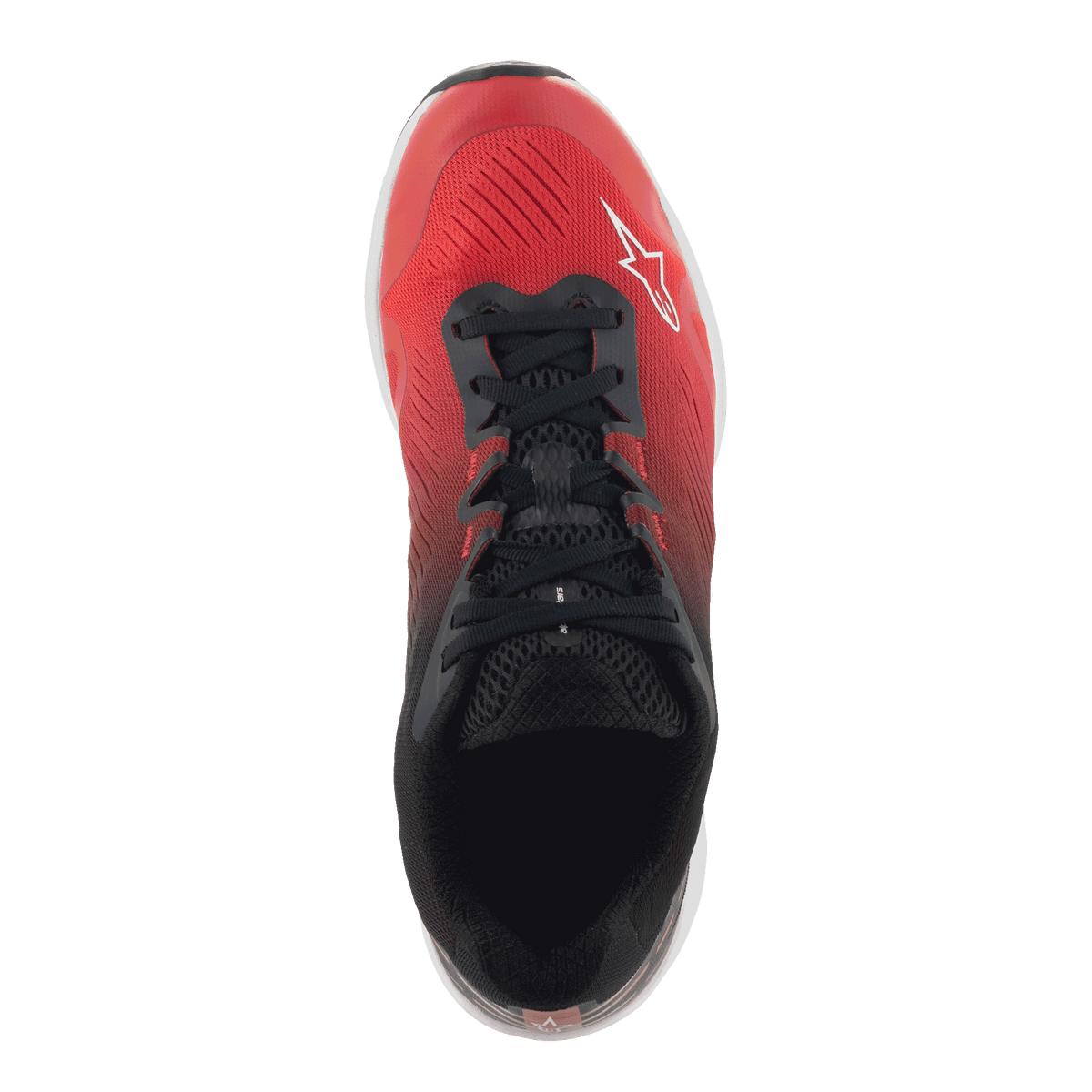 Chaussures Alpinestars Meta Road V2, chaussures sportswear, rouge, noir et blanc, vue de dessus présentant un dégradé du rouge au noir, lacets noirs et logo Alpinestars blanc, conçues pour un confort tout au long de la journée et comme tenue de travail des équipes de course