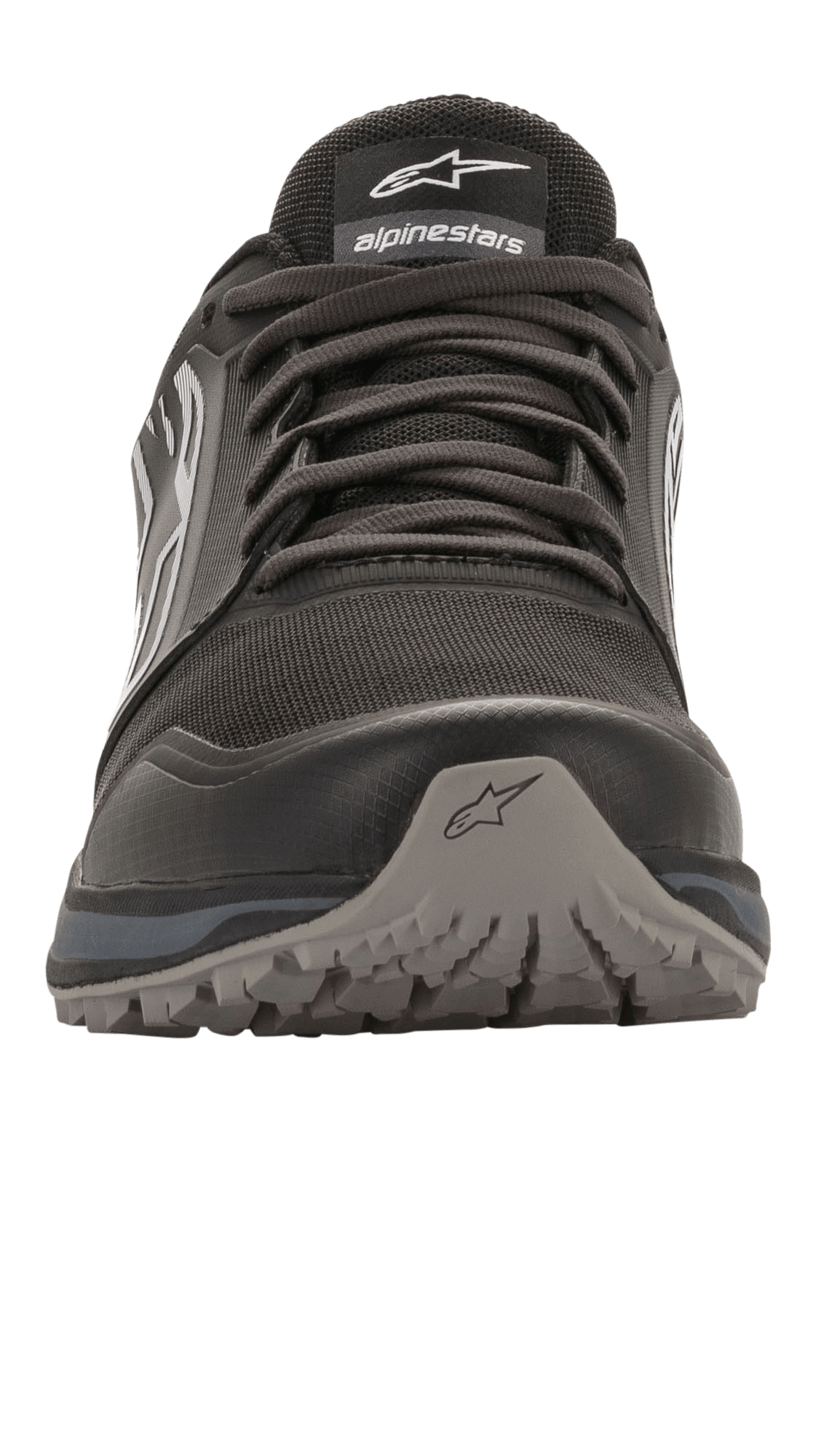 Alpinestars Meta Trail Shoes, chaussure de course performante, noir et gris foncé, vue de face, embout robuste avec logo étoile, construction en mesh avec lacets, semelle extérieure en caoutchouc résistante à l'huile