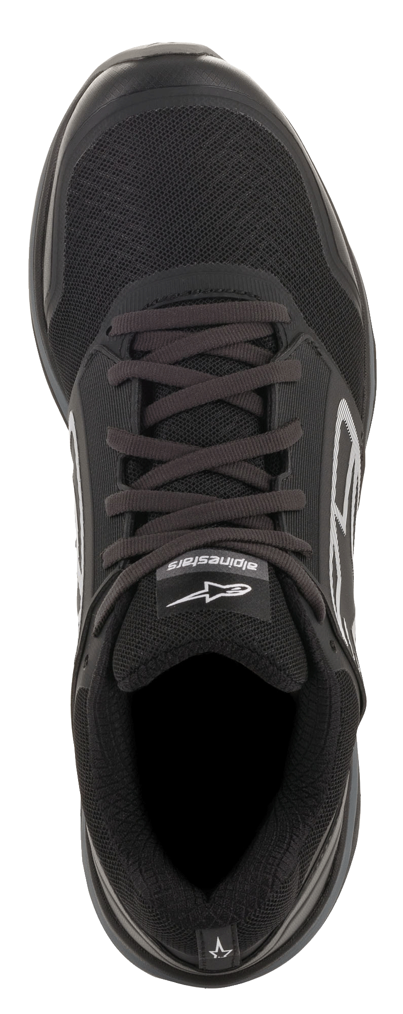 Chaussures Alpinestars Meta Trail, noir et gris foncé, vue de dessus, tige en mesh noir avec lacets, logo Alpinestars blanc sur la languette, chaussures de performance inspirées du paddock et du running