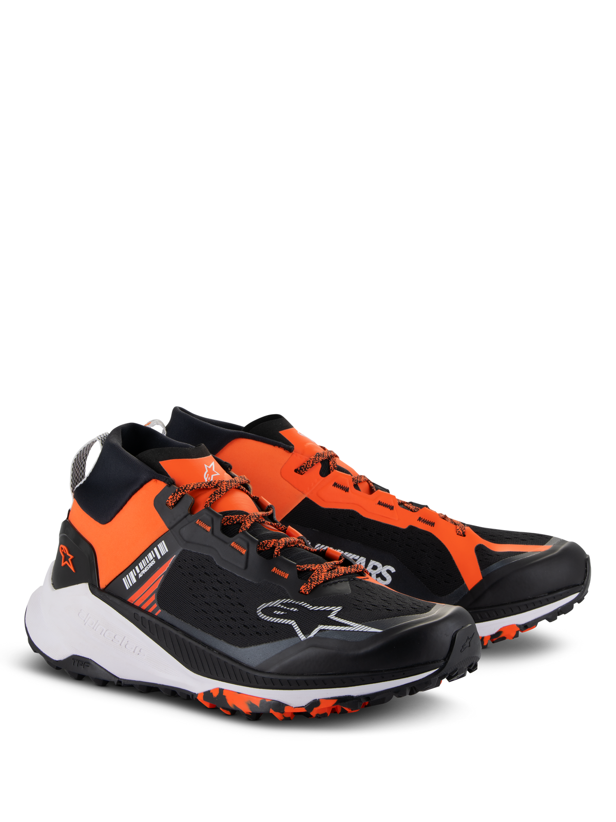 Alpinestars Meta XR V2 Shoes, Sport Casual Shoes, Black Orange and White, featuring a single-piece mesh upper, vibrant orange panels, orange laces, white Astar logo, and a rugged rubber sole designed for traction.