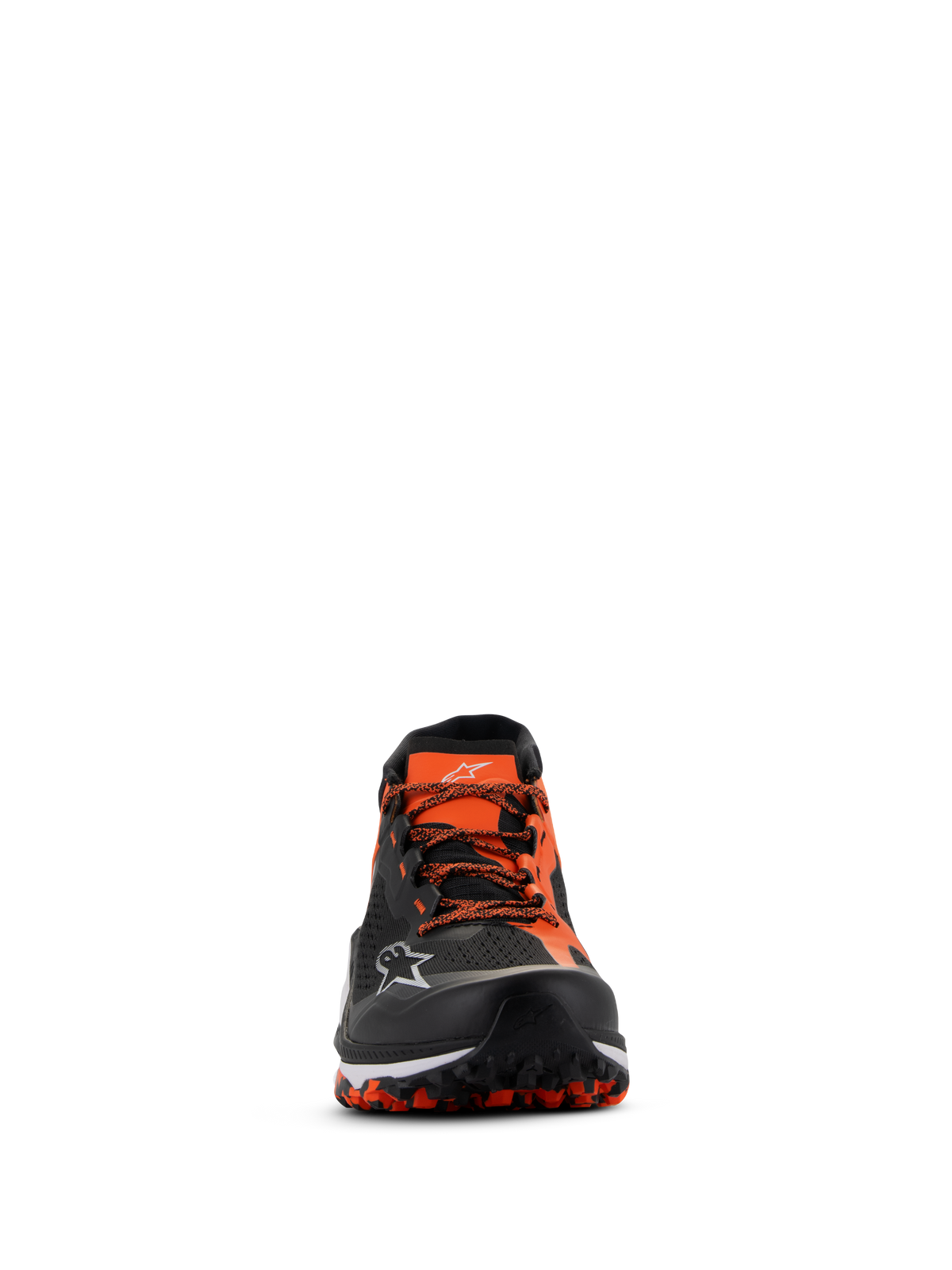 Alpinestars Meta XR V2 Shoes, Black Orange White, front-facing view showing technical mesh upper, orange laces, and rugged oil-resistant rubber sole with visible tread pattern, sport-casual footwear