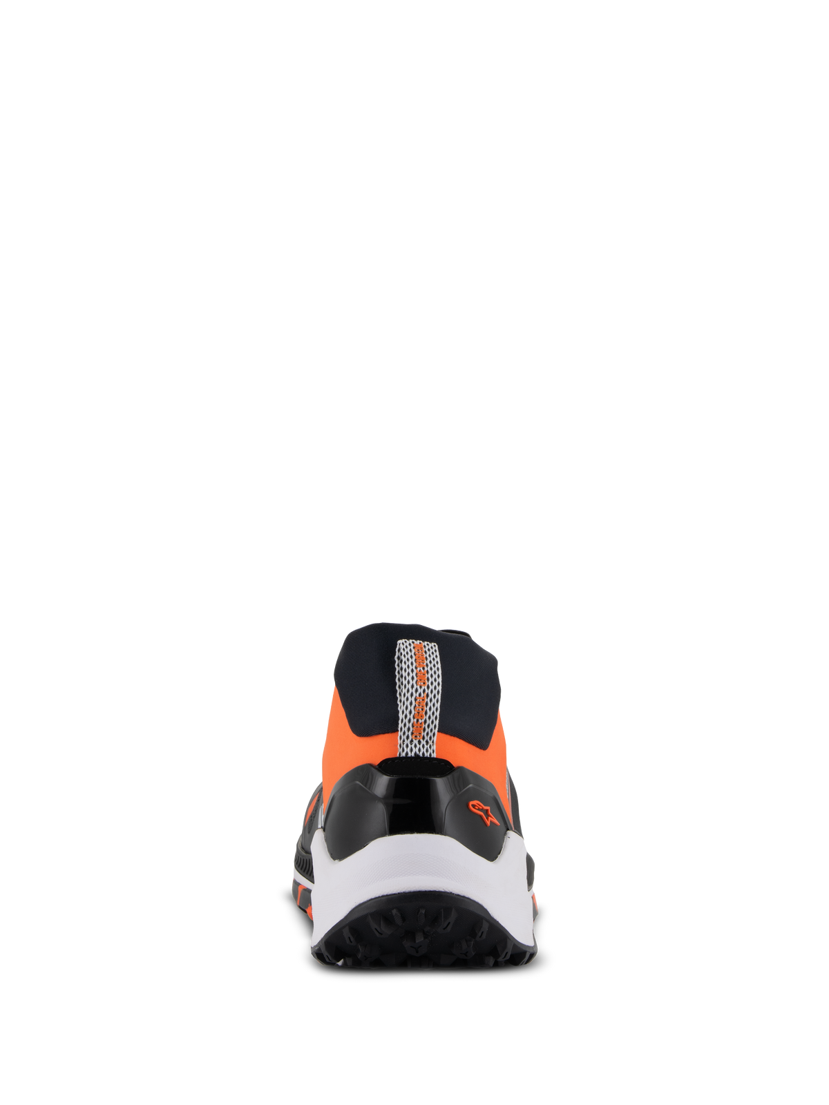 Alpinestars Meta XR V2 Shoes, Sport Casual Shoes, Black Orange and White, rear view featuring a rugged rubber sole, white midsole, and orange upper with a heel pull tab and small Alpinestars logo.