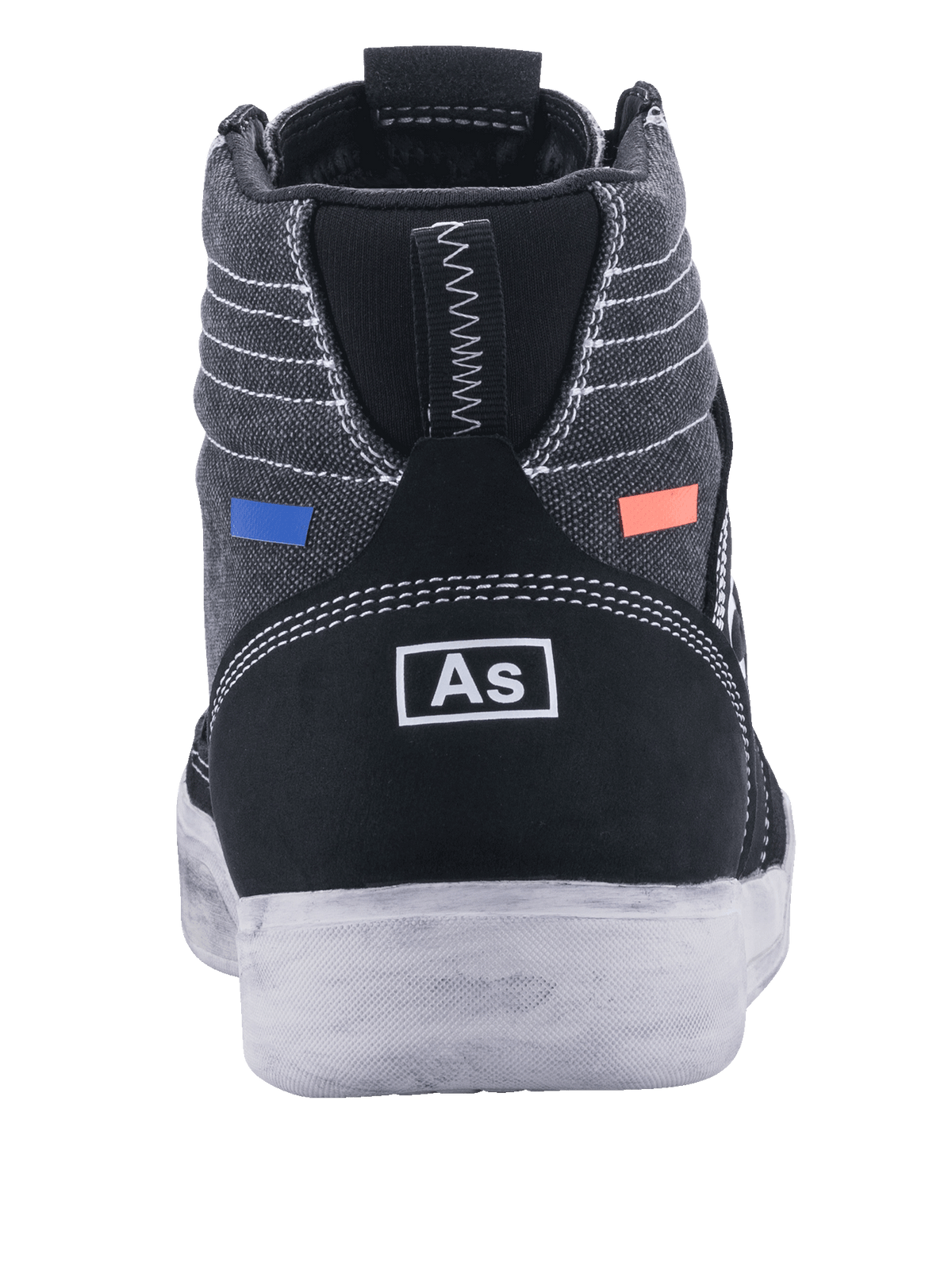 Chaussures de moto Alpinestars Ageless, chaussures de conduite, noir et gris, vue arrière présentant une toile gris foncé avec surpiqûres blanches, talon en daim noir avec logo blanc, accents bleus et orange, design urbain décontracté avec semelle blanche