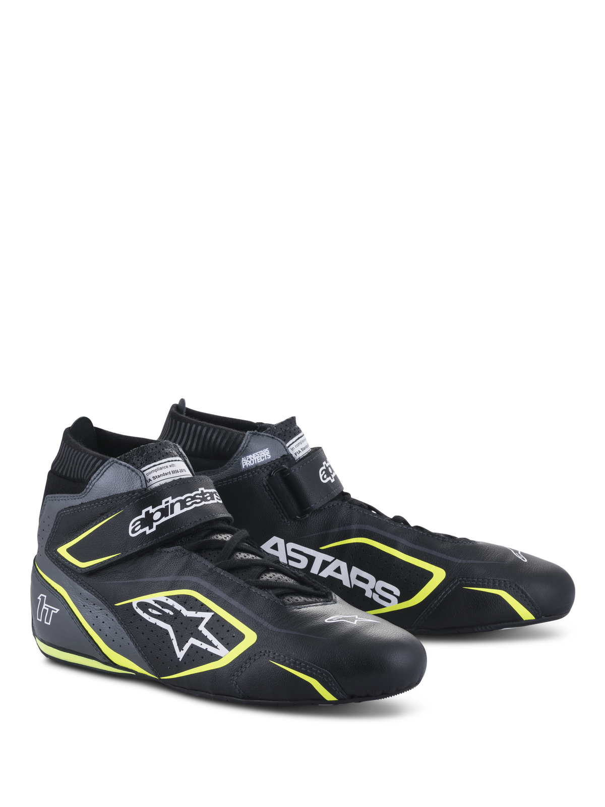 Alpinestars Tech-1 T V3 Shoes FIA, Auto Racing Shoes, Black Cool Gray and Yellow Fluo, full leather construction with hook and loop strap, yellow fluo accents, prominent white branding including Alpinestars and ASTARS logos, professional motorsport design