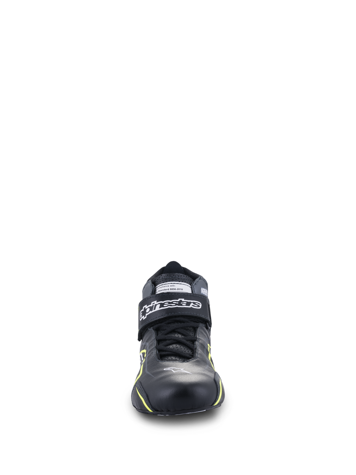 Alpinestars Tech-1 T V3 Shoes FIA, Auto Racing Shoes, Black with Yellow Fluo accents, front-facing view, full leather construction with hook-and-loop ankle strap, white Alpinestars logo, technical design for high-performance driving
