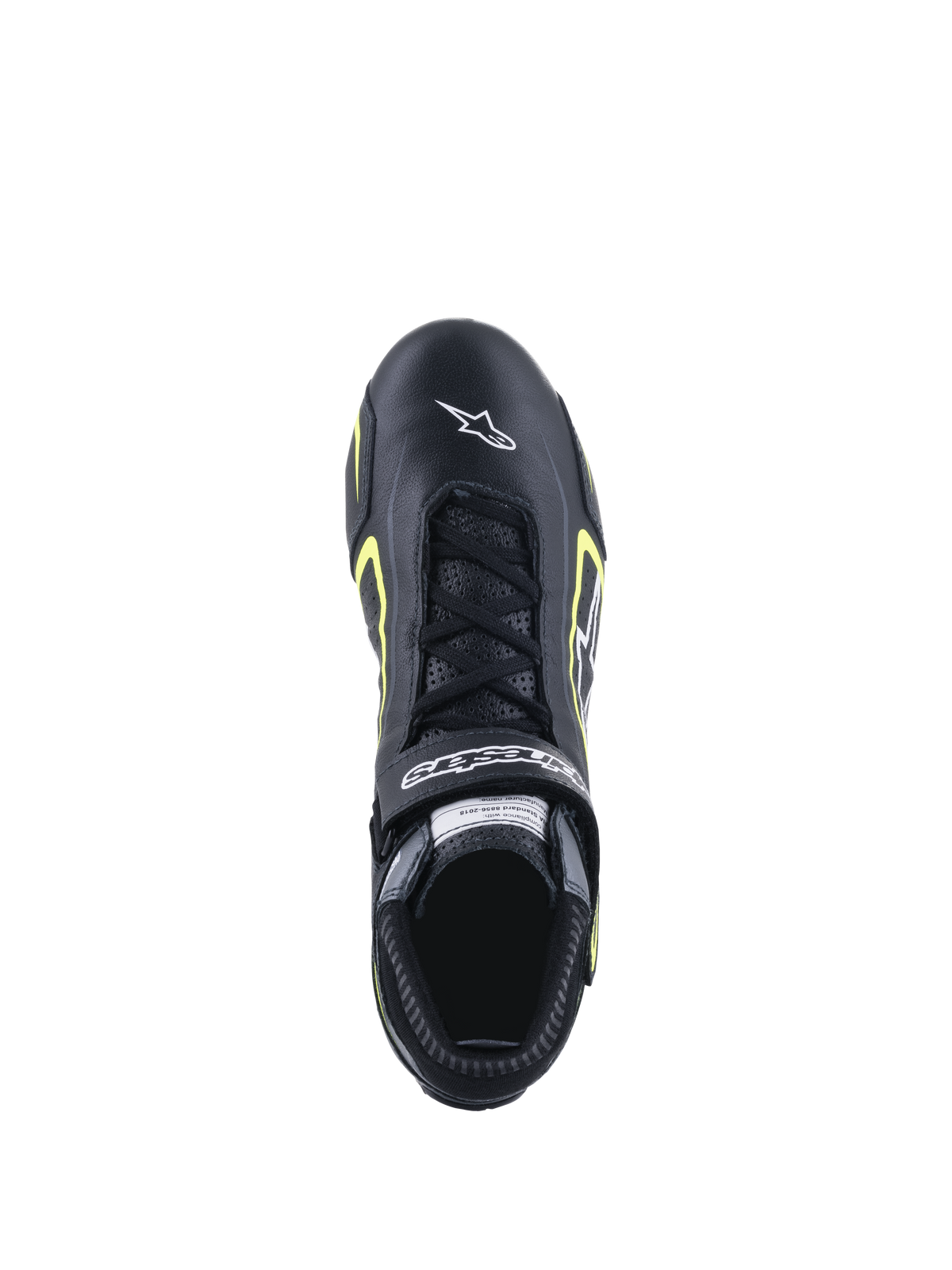 Alpinestars Tech-1 T V3 Shoes FIA, Auto Racing Shoes, Black and Yellow Fluo, top-down view showing leather construction, lace closure, and white Alpinestars branding on the toe.