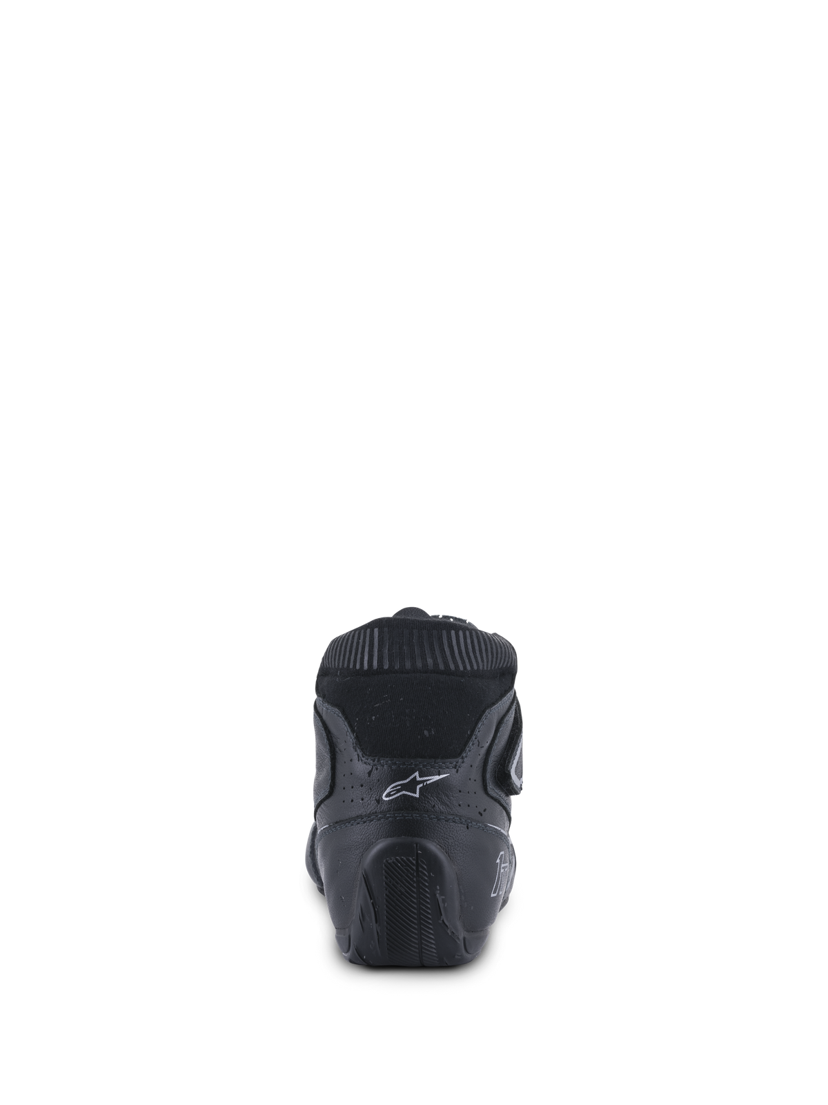Alpinestars Tech-1 T V3 FIA, chaussures de course automobile, noir et argent, vue arrière montrant le contrefort de talon ergonomique, le logo Astars blanc et la semelle en caoutchouc texturée conçue pour le contrôle des pédales.