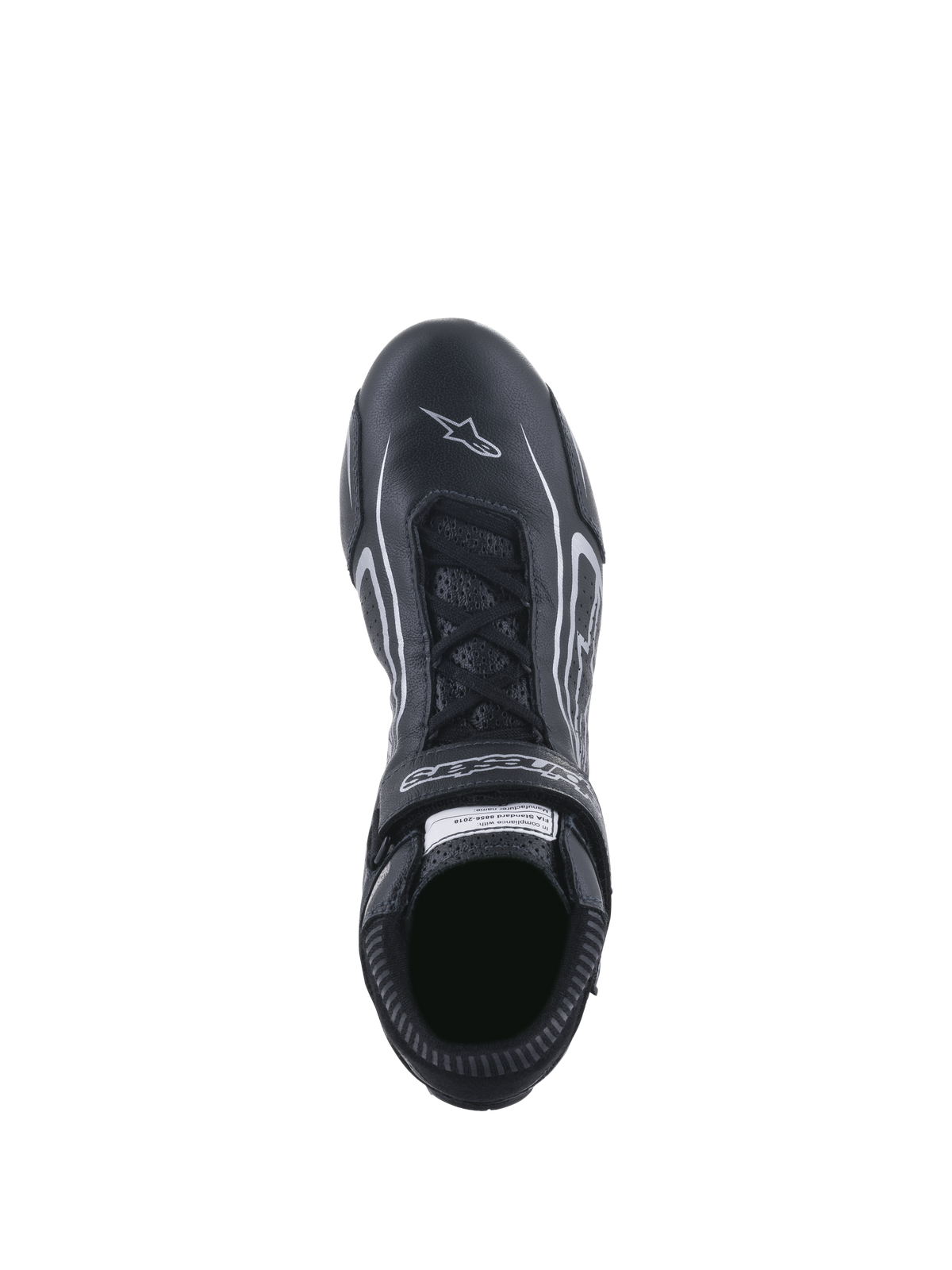 Alpinestars Tech-1 T V3 Shoes FIA, chaussures de course automobile, noir et argent, vue de dessus montrant le système de laçage et la sangle à crochet et boucle, cuir de bovin intégral avec logo étoile blanc sur le bout, équipement professionnel de sport automobile.