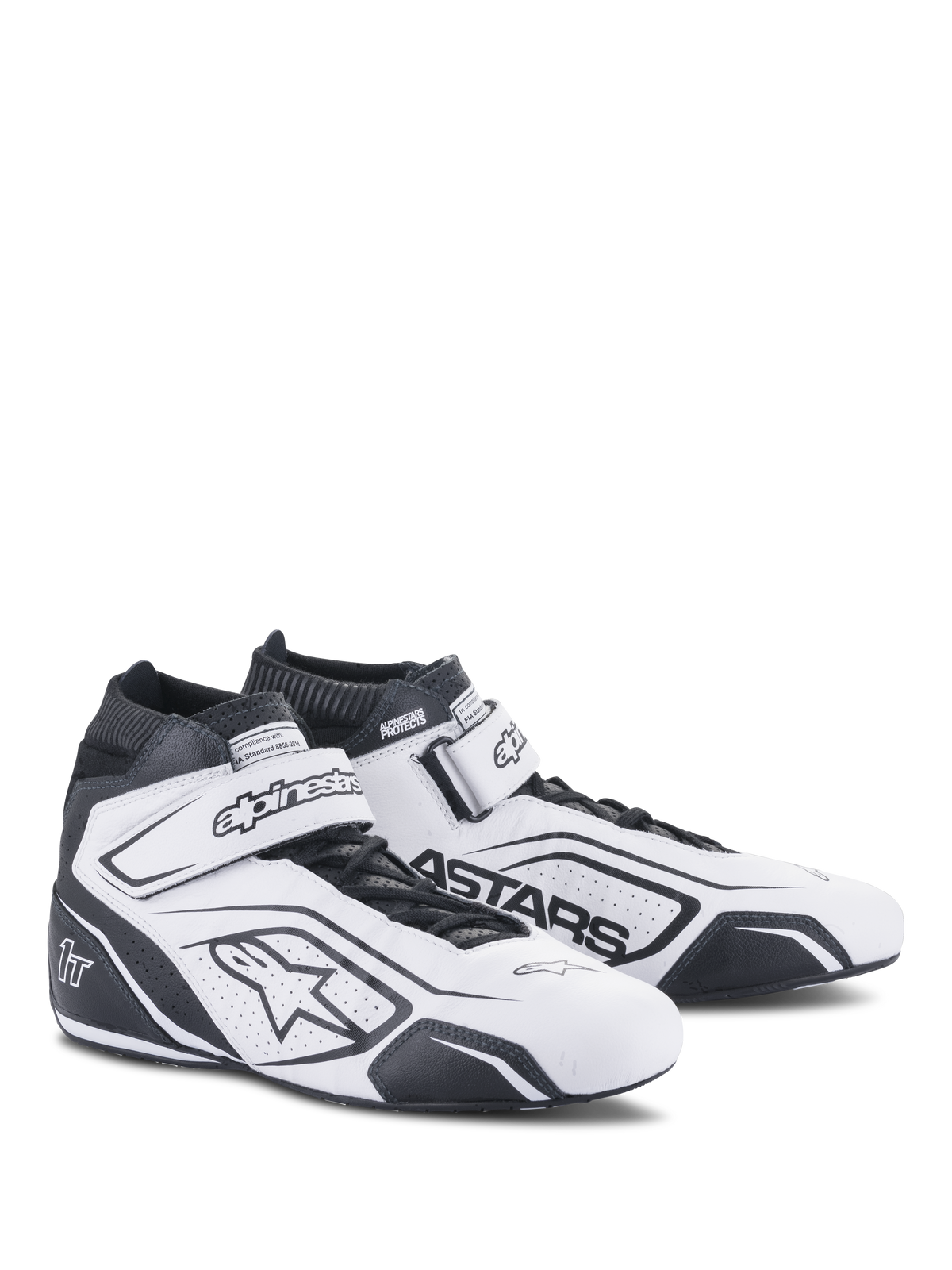 Alpinestars Tech-1 T V3 Shoes FIA, White and Black Racing Shoes, professional motorsport footwear, FIA certified, high-top leather design with perforated ventilation, hook and loop ankle strap, and bold black Astars branding.
