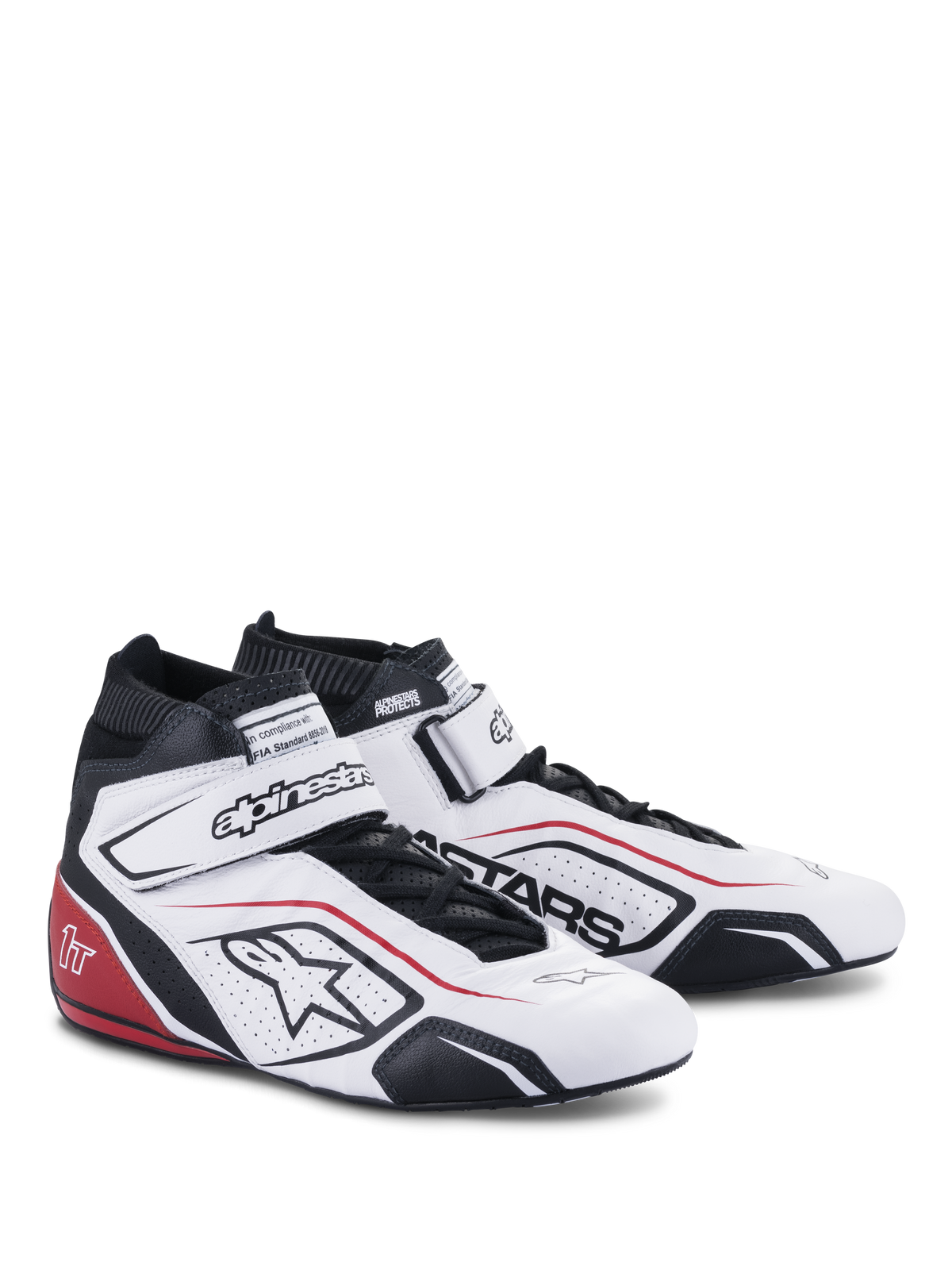 Alpinestars Tech-1 T V3 Shoes FIA, Auto Racing Footwear, White with Black and Red accents, featuring a full-grain leather upper, adjustable hook and loop ankle strap, perforated side panels with the Astars logo, and professional racing design.
