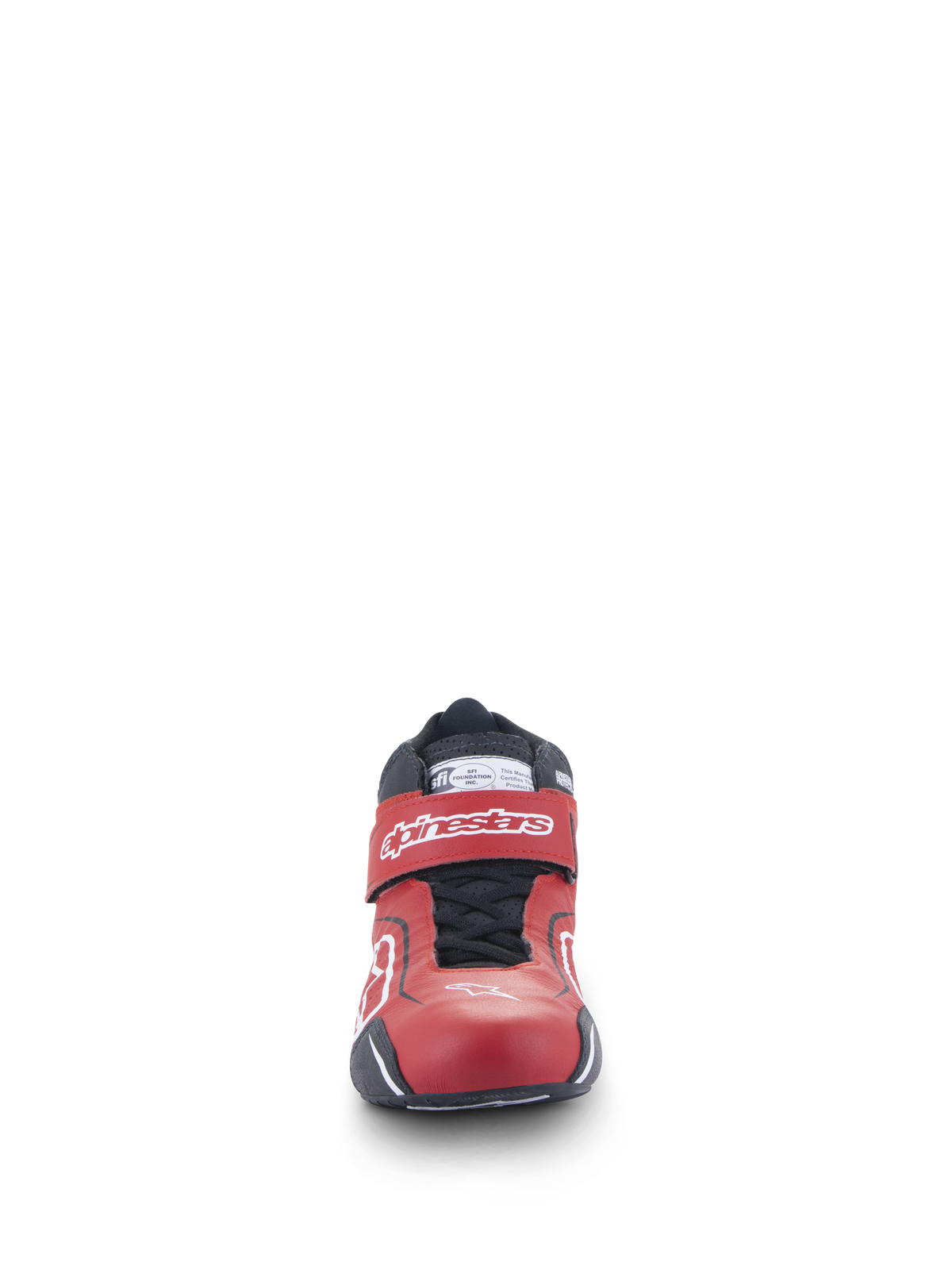 Chaussures Alpinestars Tech-1 T V3 FIA, chaussures de course automobile, rouge, noir et blanc, vue de face montrant le design élégant en cuir, sangle de cheville réglable avec logo blanc et système de fermeture à lacets noirs.