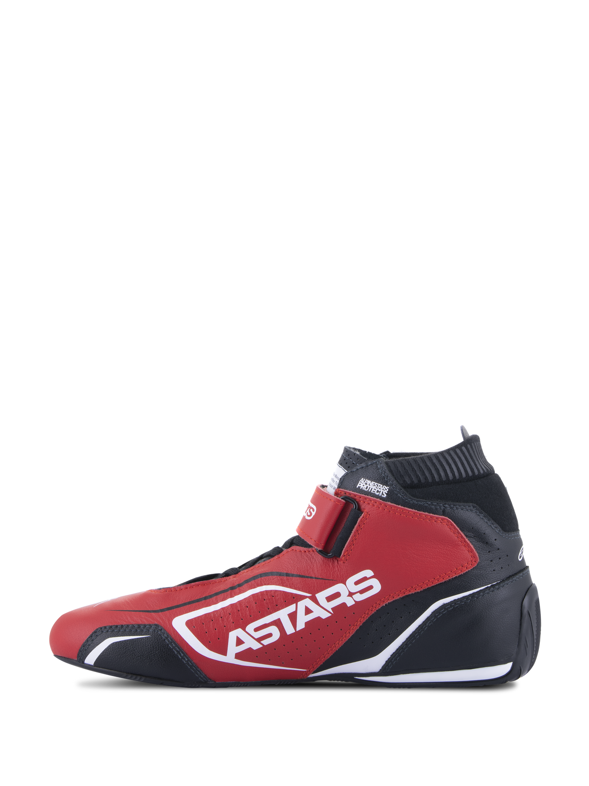 Chaussures Alpinestars Tech-1 T V3 FIA, chaussures de course automobile, rouge, noir et blanc, vue de profil avec marquage ASTARS blanc, sangle de fermeture à crochet et boucle et col élastique ignifuge, chaussures de sport automobile professionnelles en cuir de bovin.