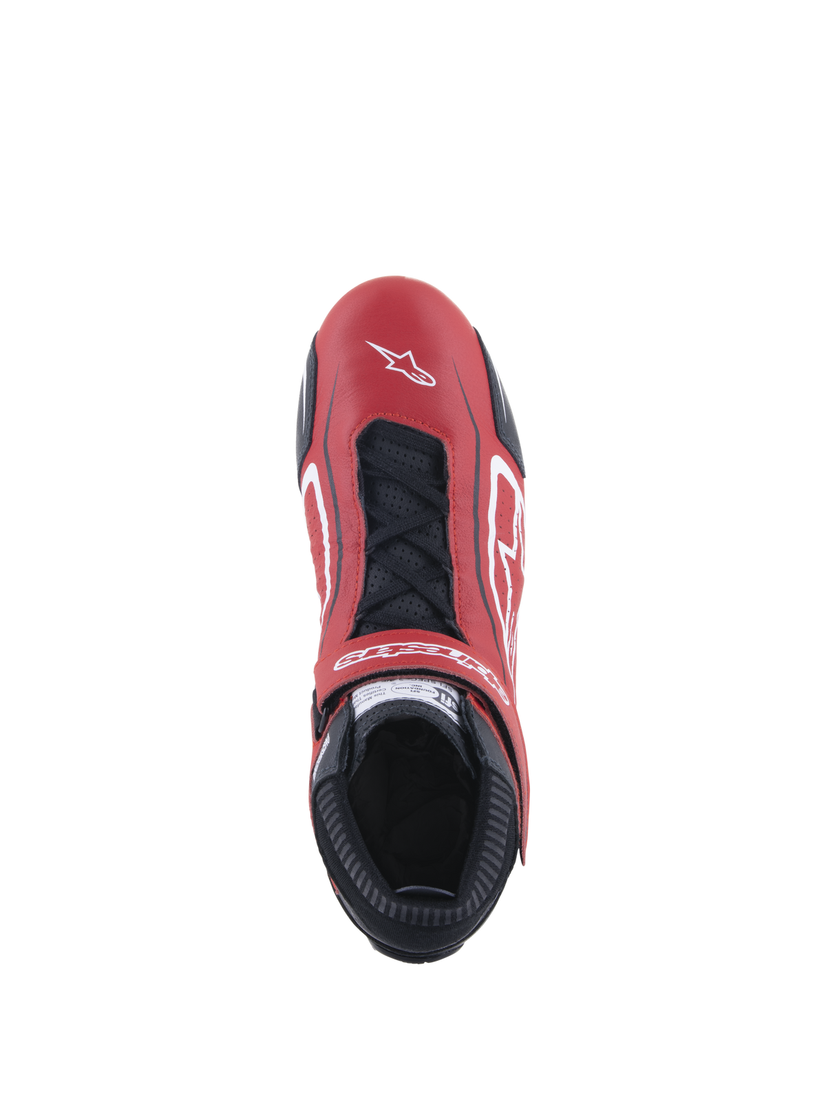 Alpinestars Tech-1 T V3 Shoes FIA, chaussure de course automobile, rouge, noir et blanc, vue de dessus montrant la tige en cuir de bovin rouge avec des lacets noirs et une sangle réglable, logos blancs et profil affiné pour la conduite de compétition.
