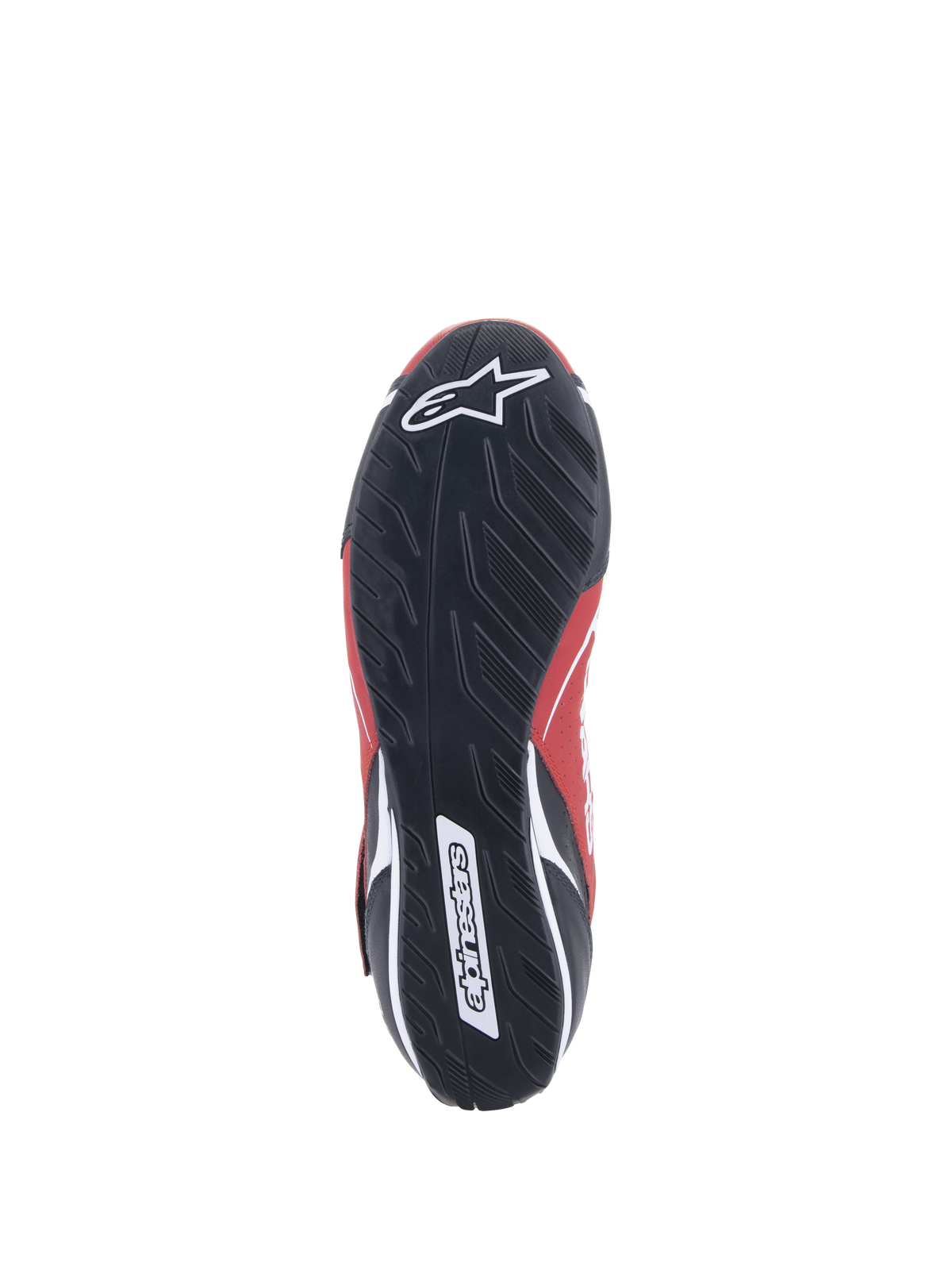 Chaussures Alpinestars Tech-1 T V3 FIA, chaussures de course automobile, rouge, noir et blanc, vue de dessous de la semelle en caoutchouc noir avec un motif de bande de roulement asymétrique et logo Alpinestars blanc