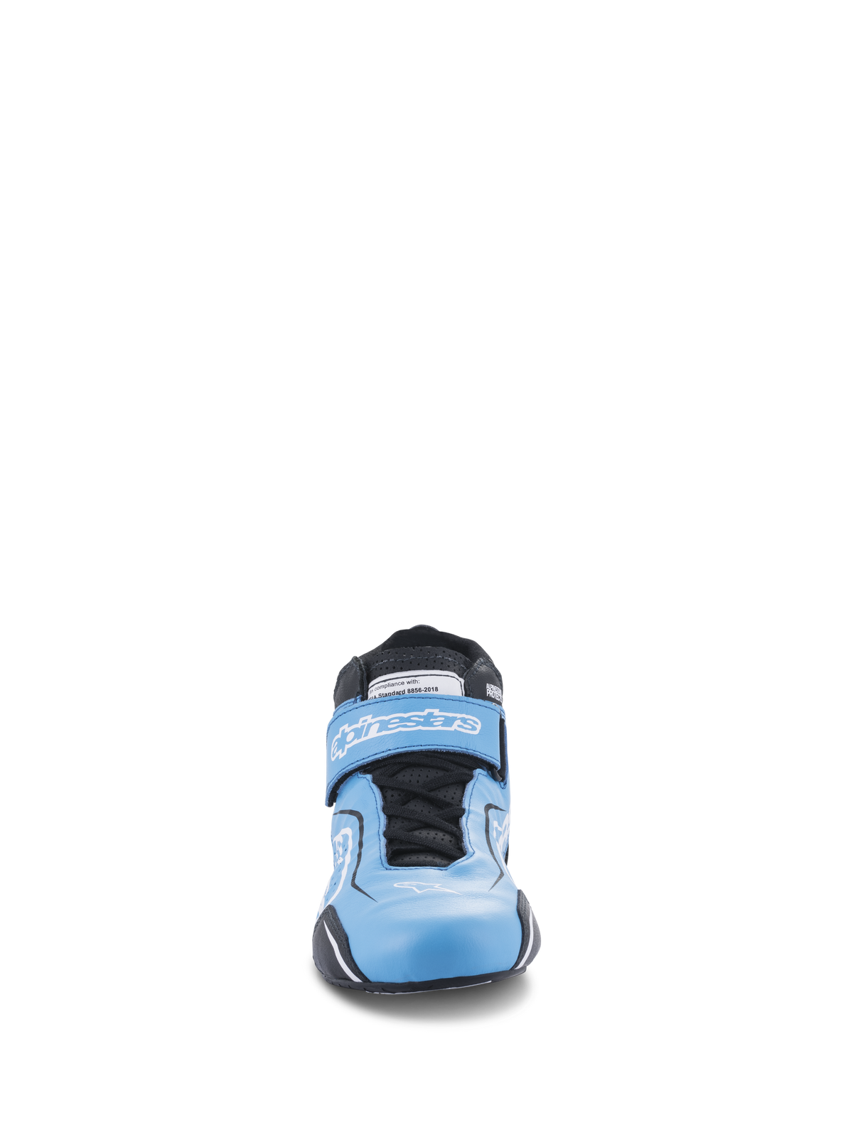 Chaussures Alpinestars Tech-1 T V3 FIA, chaussures de course automobile, bleu clair avec accents noirs et blancs, vue de face montrant le double système de fermeture avec lacets et sangle auto-agrippante, chaussures de pilotage en cuir haute performance