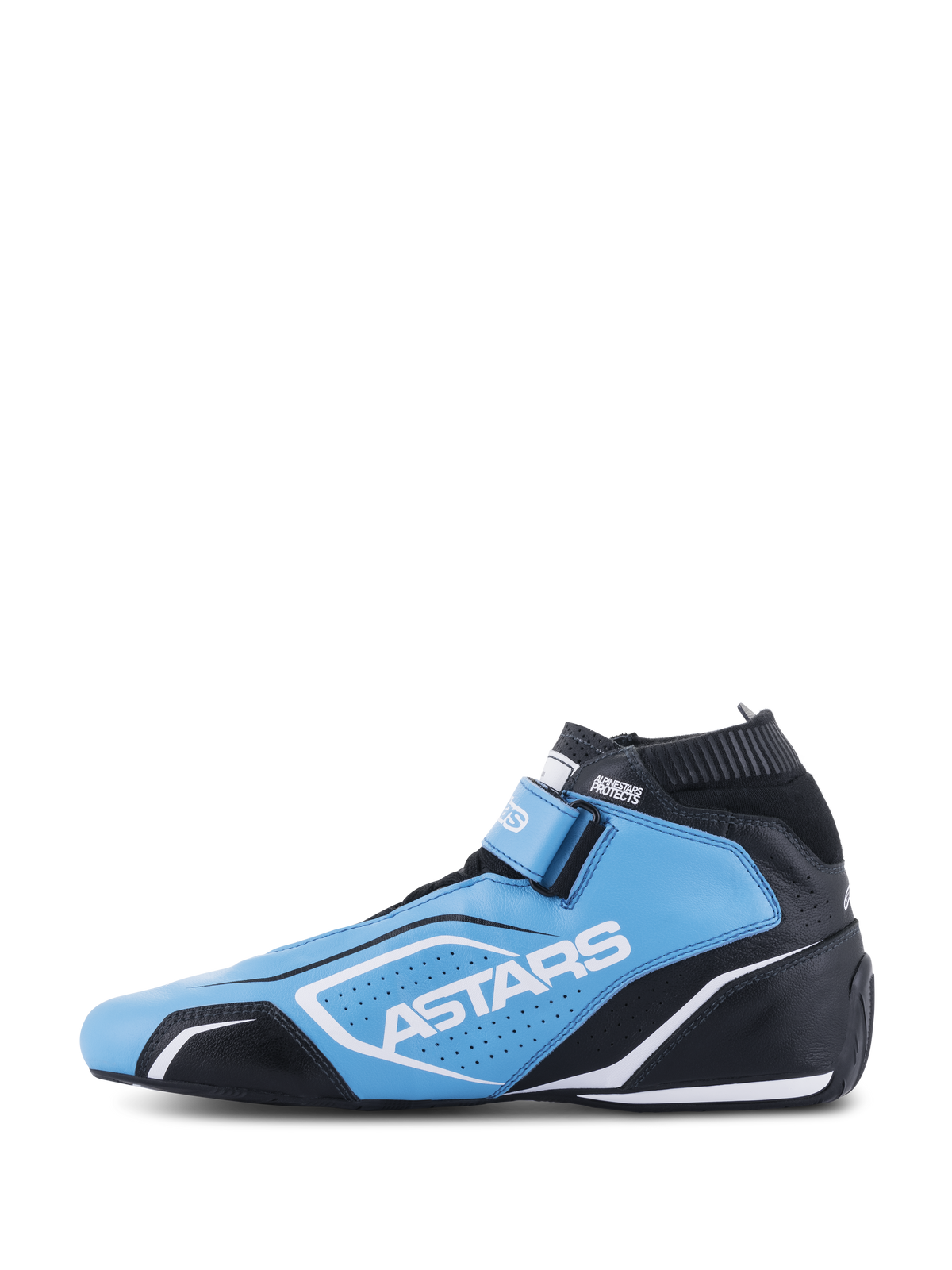 Chaussures Alpinestars Tech-1 T V3 FIA, chaussures de course automobile, bleu clair, noir et blanc, avec marquage ASTARS, panneaux en cuir perforé et silhouette de course profilée.