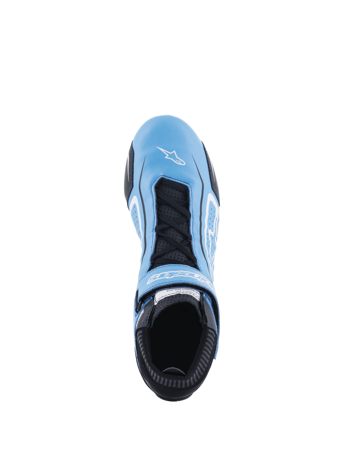 Alpinestars Tech-1 T V3 Shoes FIA, chaussures de course automobile, bleu clair, noir et blanc, vue de dessus montrant une construction en cuir de bovin intégral, lacets noirs avec sangle à crochet et boucle, logo Alpinestars blanc sur le bout du pied et languette perforée pour la respirabilité