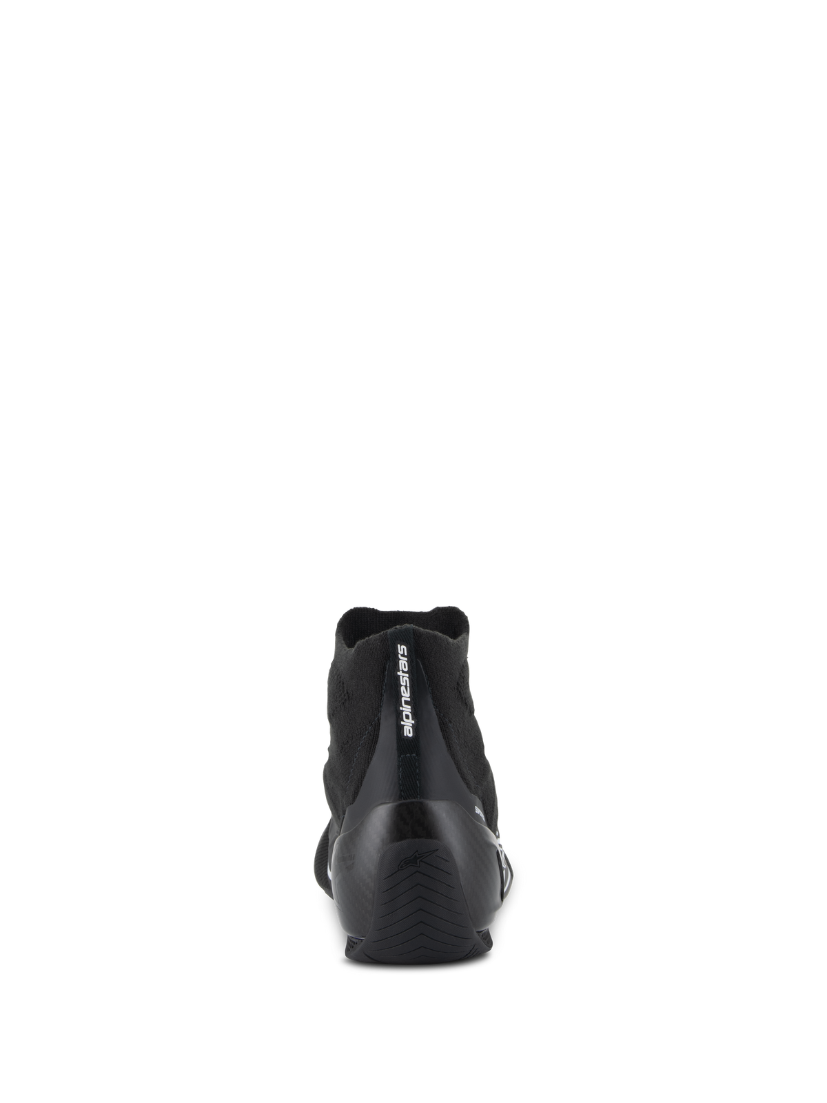 Alpinestars Supertech Shoes - FIA/SFI, Auto Racing Shoes, Black, Rear view featuring carbon fiber heel cup and knitted upper, vertical Alpinestars branding on heel, professional motorsport gear