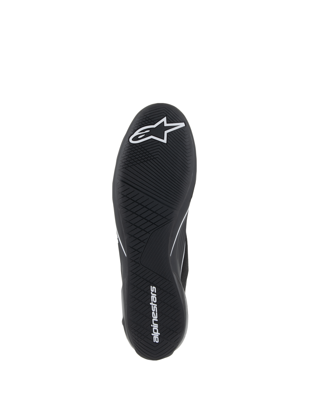 Alpinestars Supertech Shoes, Auto Racing Shoes, Black, bottom view of the ultra-thin rubber outsole with white star logo and alpinestars wordmark, featuring an asymmetric tread pattern for pedal sensitivity and grip