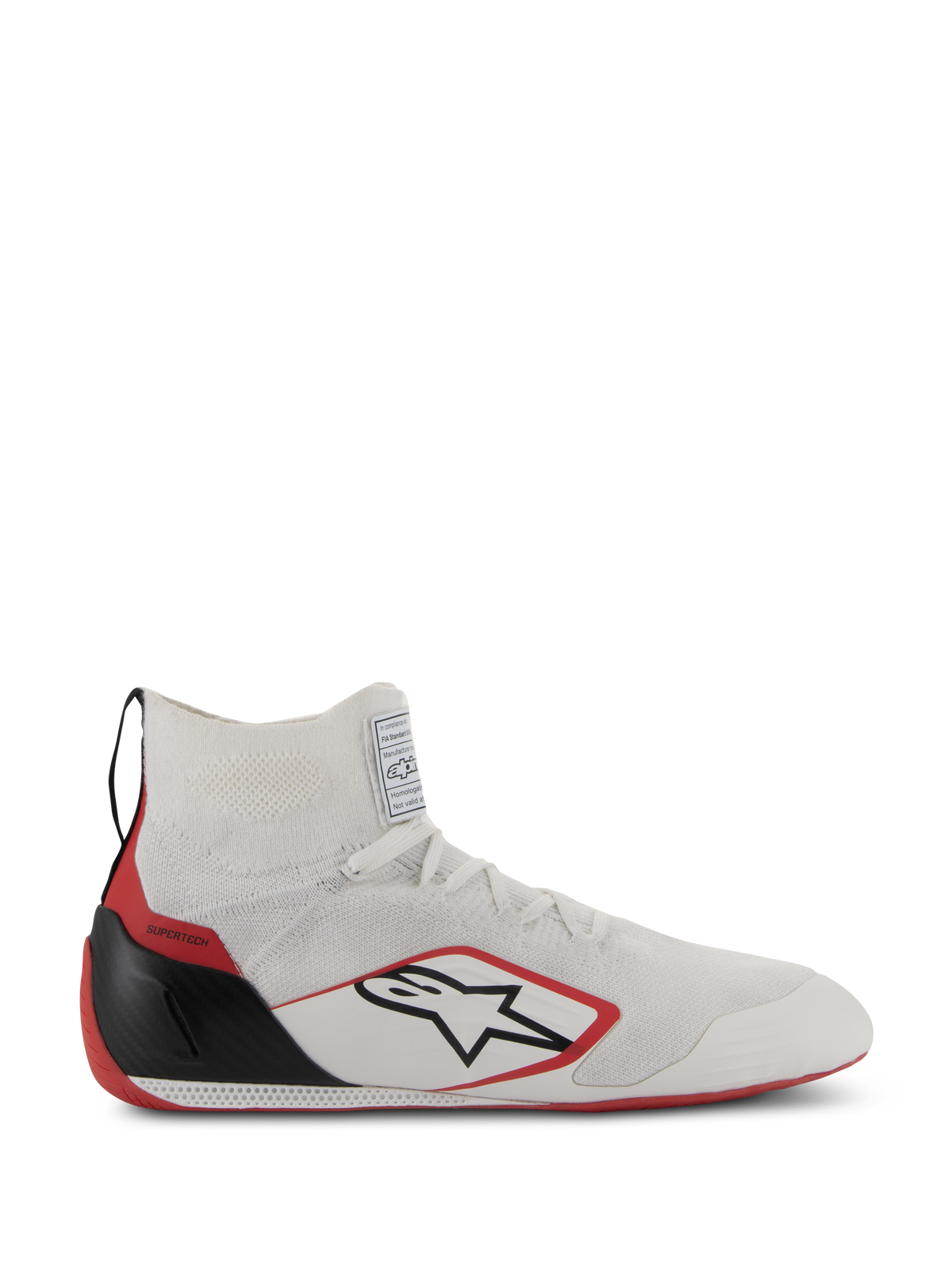 Alpinestars Supertech Shoes, FIA/SFI certified auto racing footwear, White with Red and Black accents, featuring a knitted upper, carbon fiber heel cup, and red outsole, sleek high-top design for professional motorsport