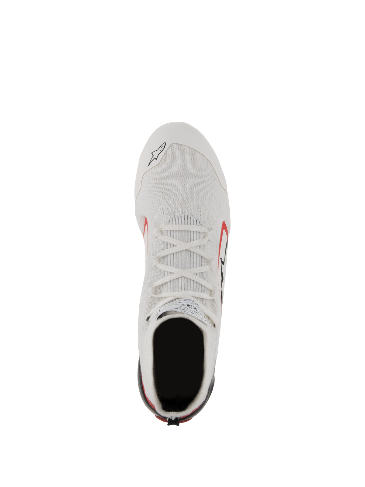 Alpinestars Supertech Shoes, Auto Racing Shoes, White Red and Black, top-down view showing the knitted aramid fiber upper, white laces, and carbon fiber heel lockdown, professional motorsport footwear