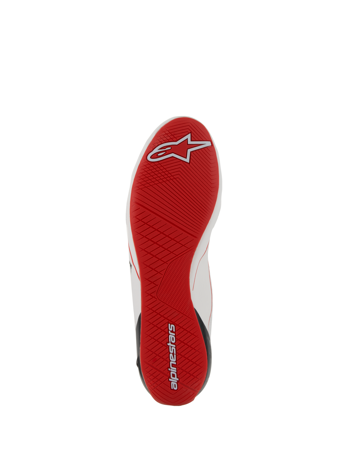 Alpinestars Supertech Shoes, Auto Racing Footwear, Red outsole view, ultra-thin rubber sole with asymmetric tread, white and red logo details, professional racing footwear for optimal pedal sensitivity.