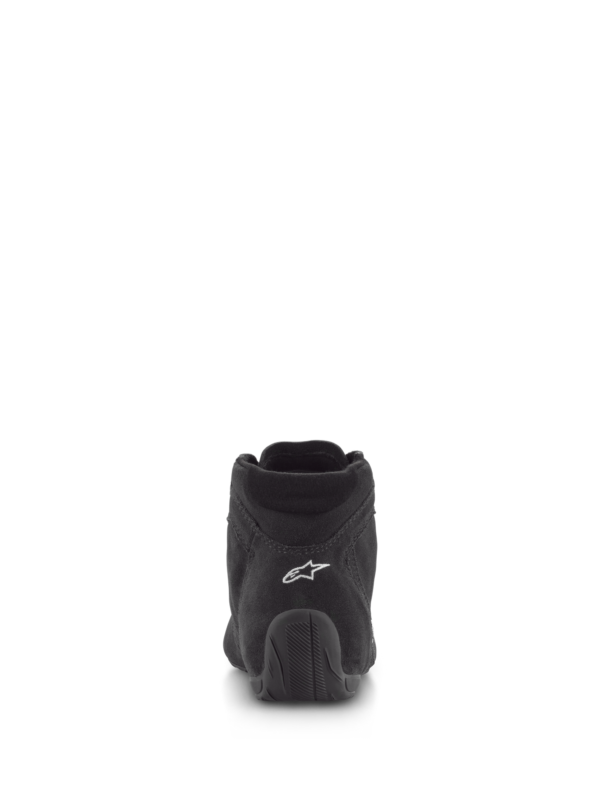 Chaussures Alpinestars SP V2, chaussures de course automobile, noir, vue arrière présentant une tige en daim de première qualité avec logo blanc sur le talon et semelle en caoutchouc texturé, chaussures de sport automobile professionnelles