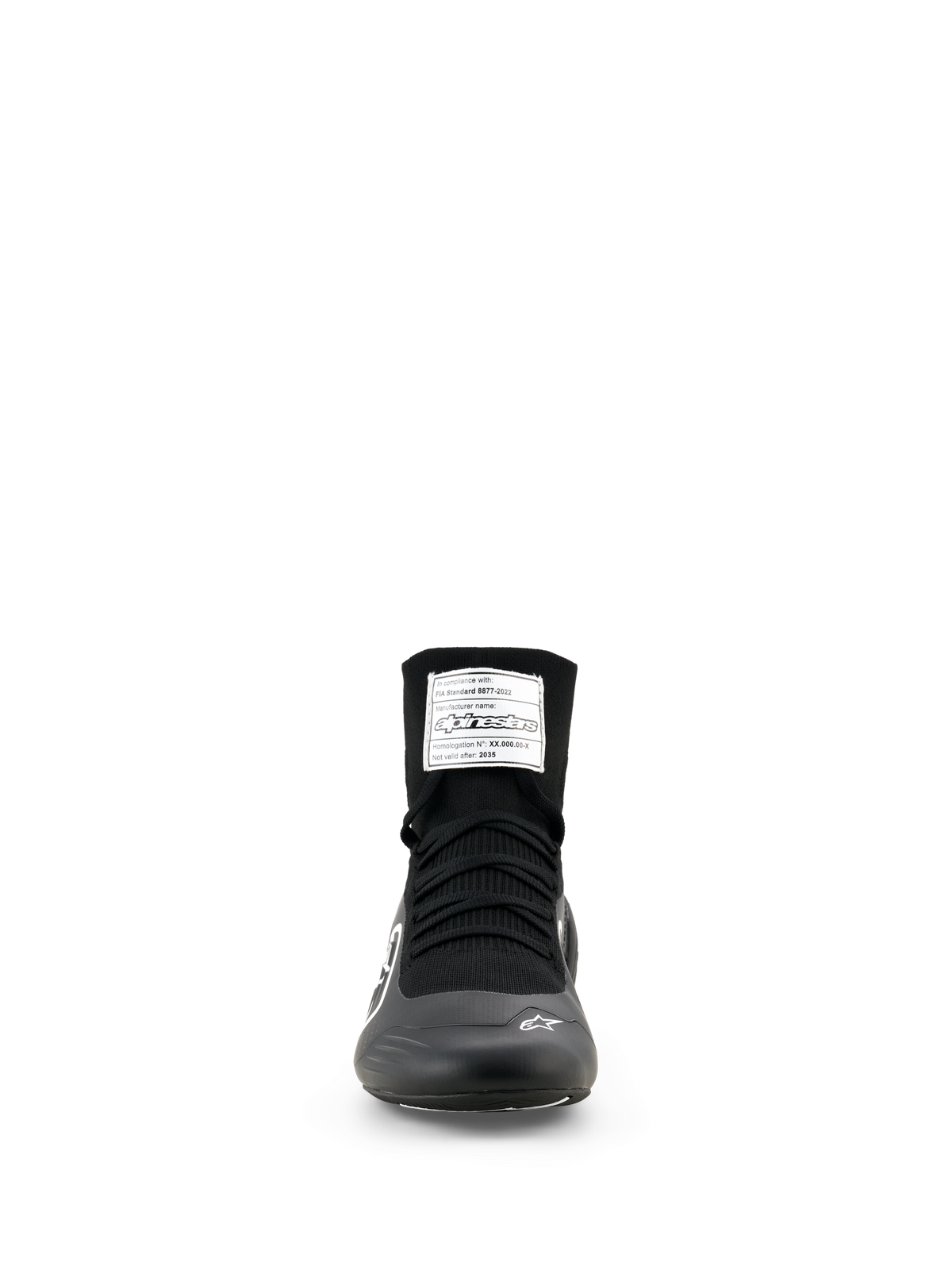 Chaussures Alpinestars Supertech K - FIA, chaussures de karting, noir et blanc, vue de face présentant une tige montante en tricot, des lacets noirs et une étiquette d'homologation FIA sur la languette
