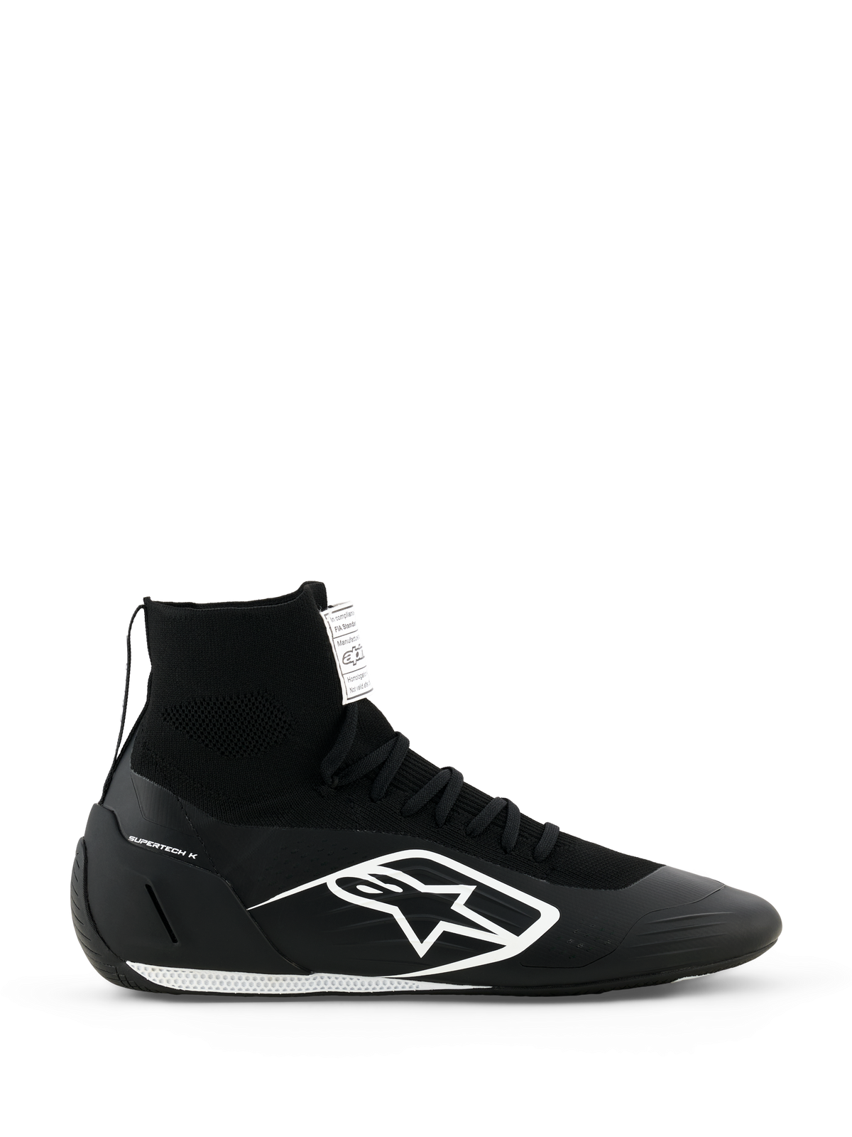 Alpinestars Supertech K Shoes FIA, chaussures de karting noires, design tricoté montant avec logo blanc, col de cheville type chaussette, semelle texturée blanche, certifiées FIA