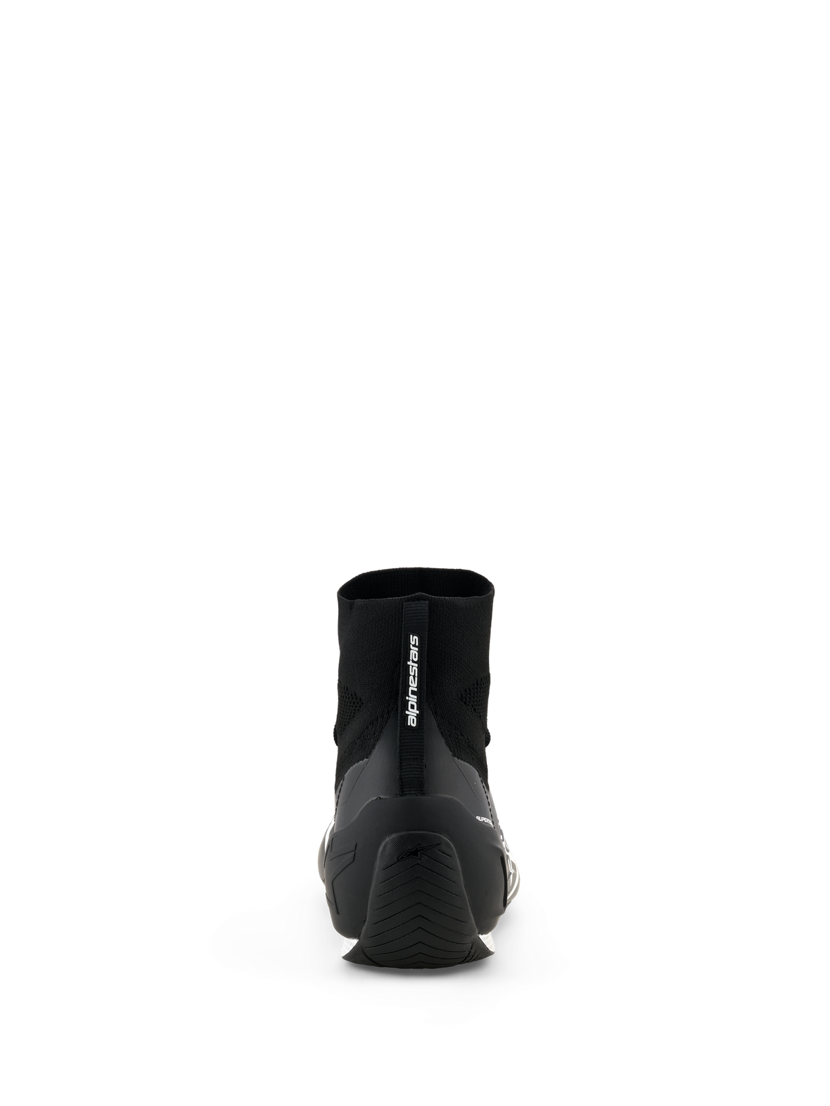 Chaussures Alpinestars Supertech K - FIA, chaussures de karting, noir, vue arrière montrant la tige tricotée et le contrefort de talon en TPU, logo Alpinestars sur la tirette du talon, chaussures de sport automobile professionnelles
