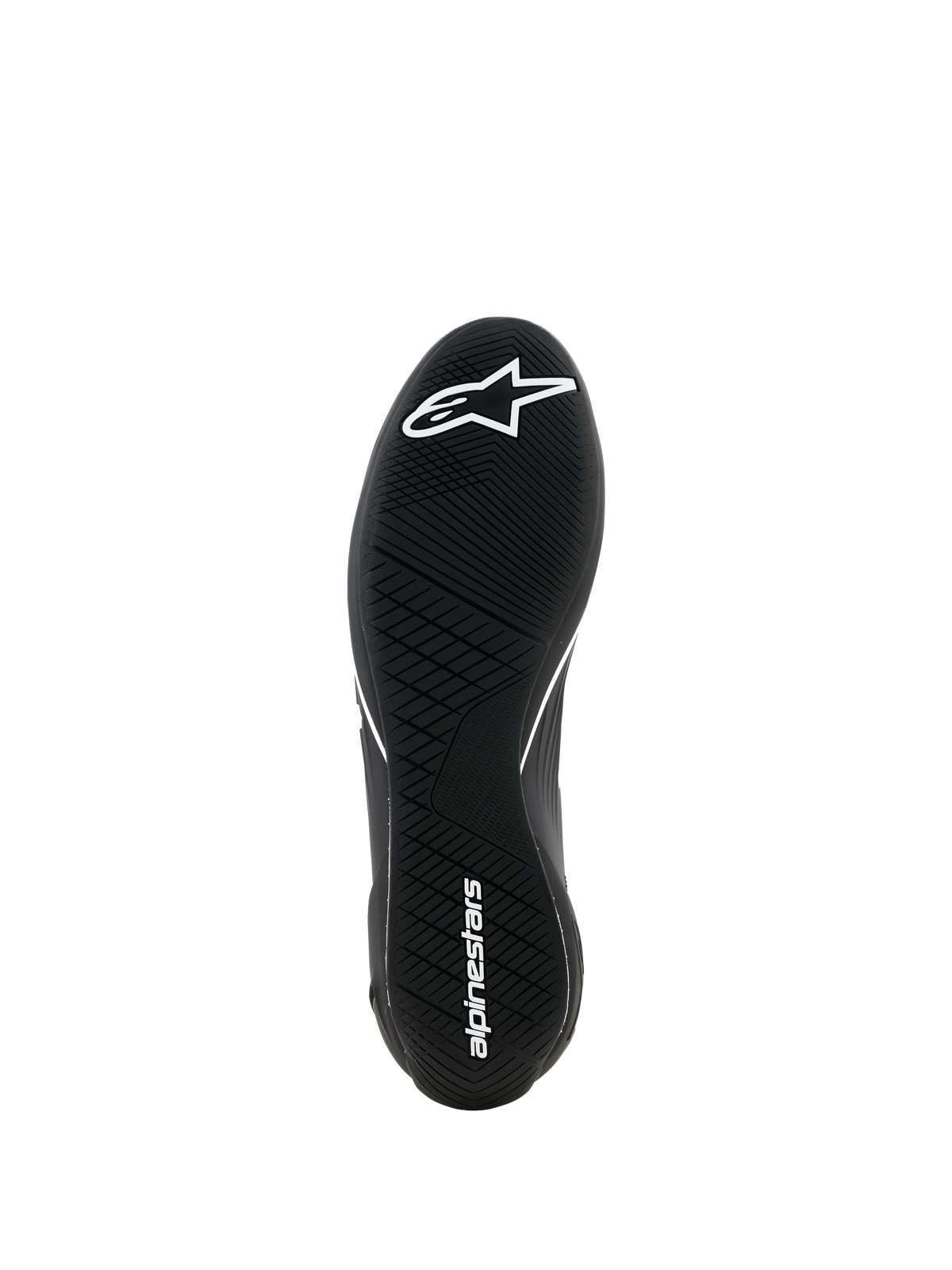 Chaussures Supertech K Alpinestars - FIA, chaussures de karting, noires, vue de dessous montrant la semelle extérieure en caoutchouc ultra-fine avec bande de roulement asymétrique, logo étoile blanc sur l'avant-pied et nom de la marque blanc sur le talon, conçues pour une sensation maximale aux pédales.
