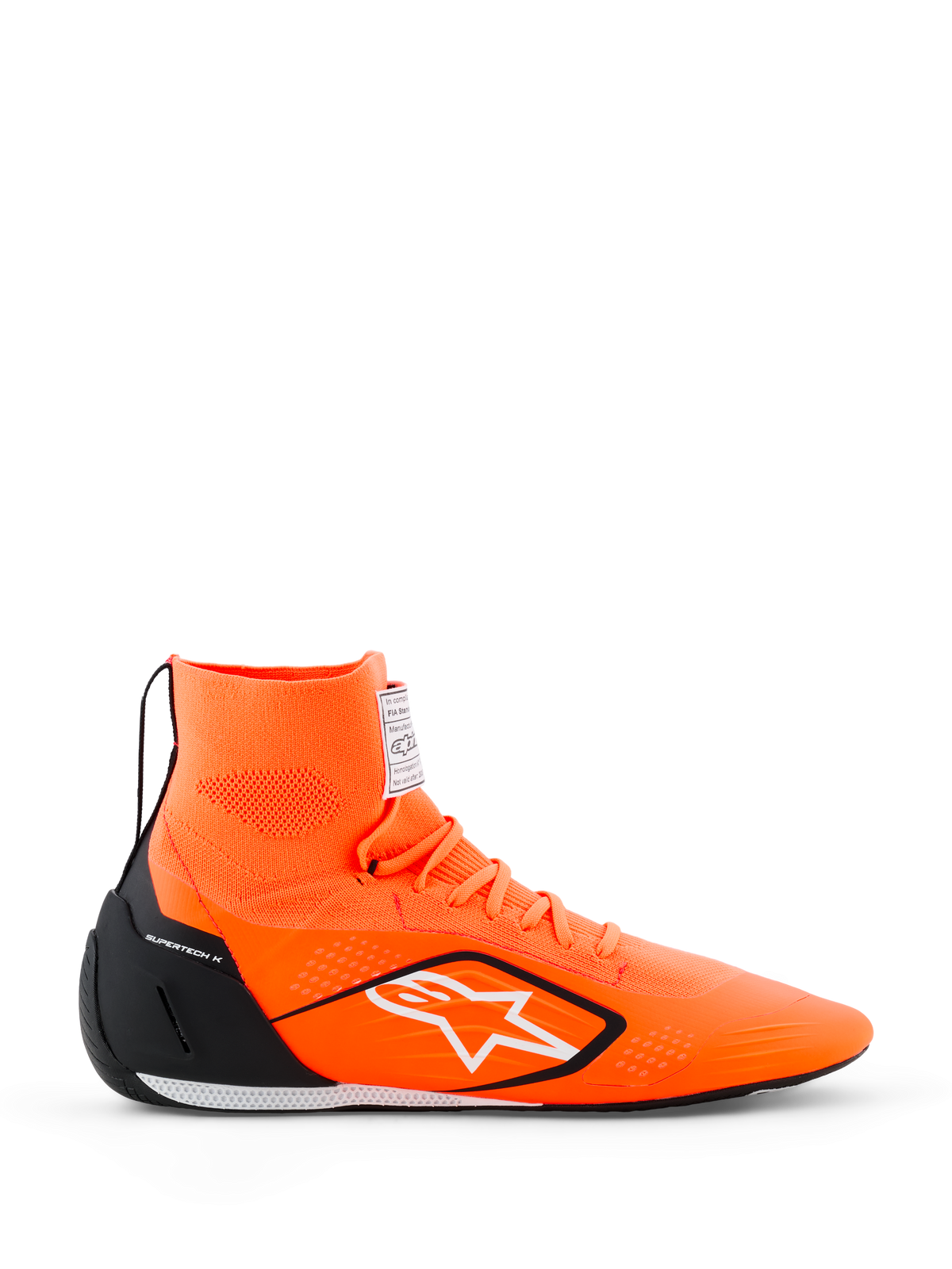 Alpinestars Supertech K Shoes - FIA, chaussures de karting, orange fluo avec des accents noirs et blancs, construction montante tricotée avec logo étoile blanc, renfort de talon en TPU noir, semelle de course ultra-fine, vue de profil