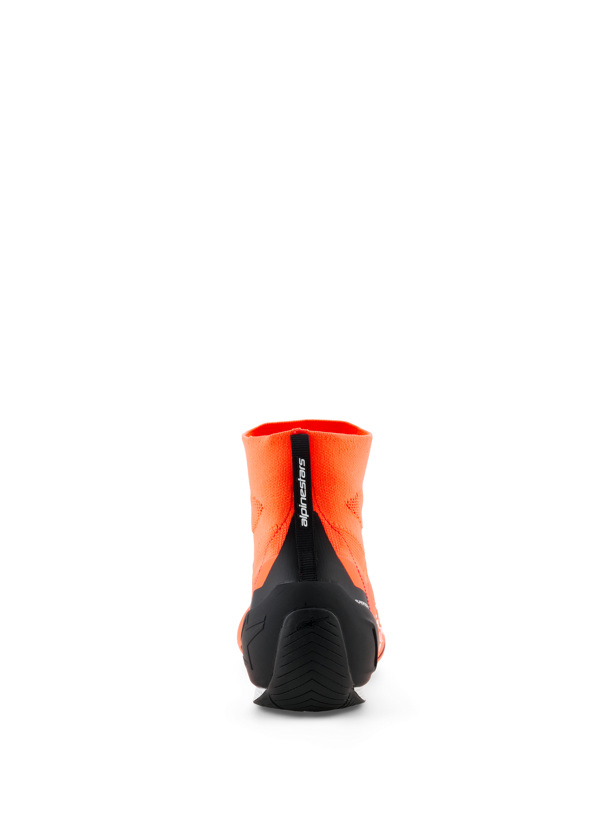 Chaussures Alpinestars Supertech K - FIA, chaussures de karting, orange fluo et noir, vue arrière montrant la tige tricotée, le contrefort de talon en TPU injecté noir et la tirette verticale avec le logo Alpinestars, équipement de sport automobile professionnel.