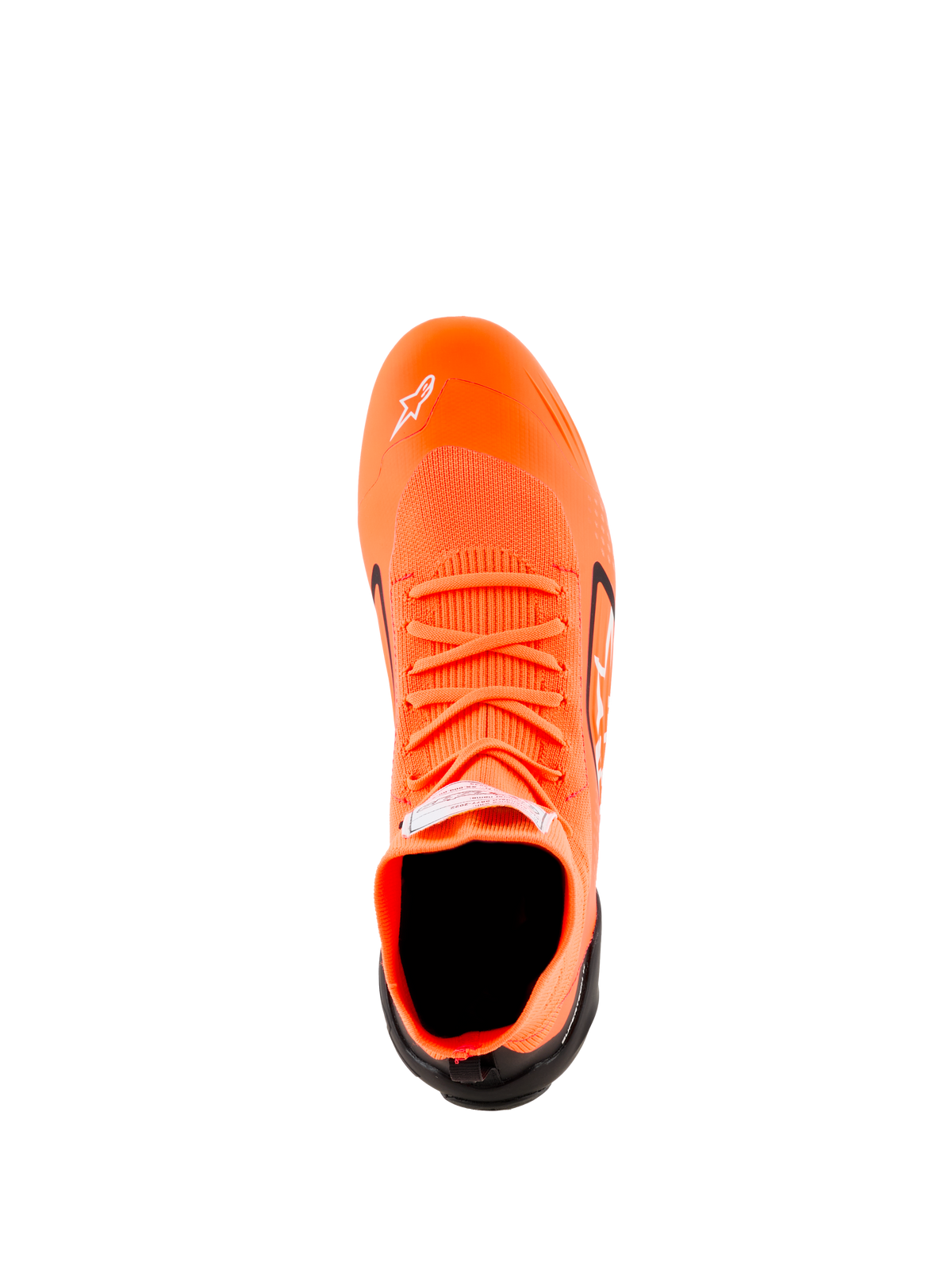 Chaussures Alpinestars Supertech K - FIA, chaussures de karting, orange fluo, noir et blanc, vue de dessus montrant la construction de la tige tricotée, les lacets orange, le logo Astars blanc sur la pointe et le contrefort de talon noir