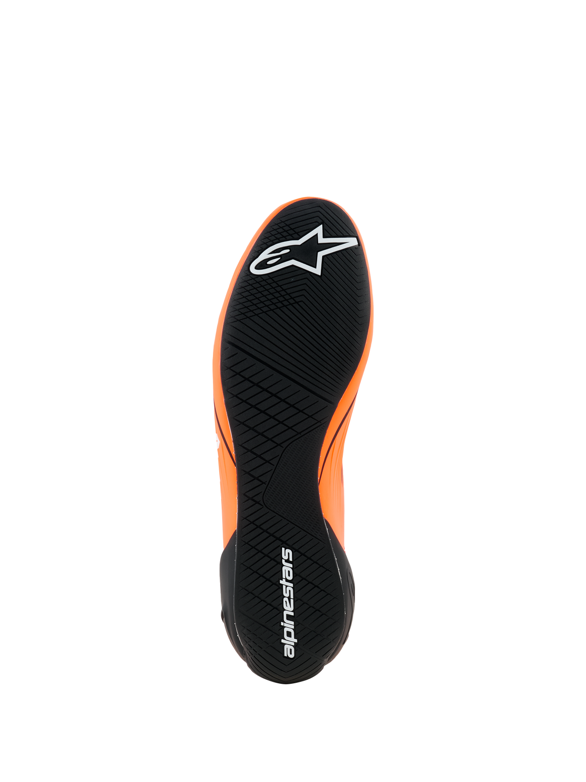 Chaussures Alpinestars Supertech K - FIA, chaussures de karting, orange fluo, noir et blanc, vue de la semelle extérieure en caoutchouc noir avec motif de sculpture asymétrique, logos Alpinestars blancs sur la pointe et le talon, semelle performance ultra-fine