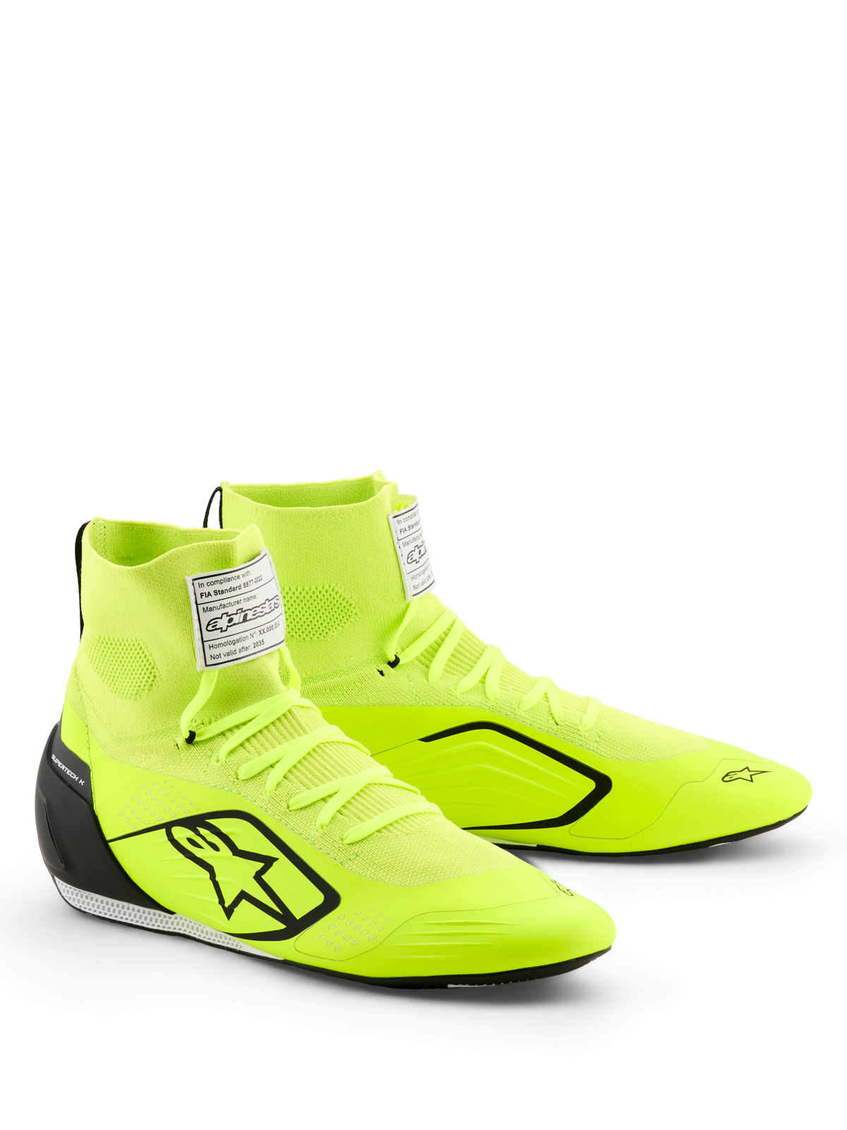 Alpinestars Supertech K Shoes, Karting Shoes, Yellow Fluo Black and White, featuring a bright neon yellow knitted upper with a black star logo, injected TPU heel counter, white FIA label on the tongue, and sleek motorsport design