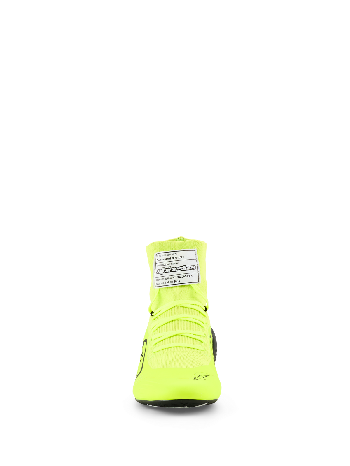 Alpinestars Supertech K Shoes, FIA Karting Shoes, Yellow Fluo Black White, front view showing knitted upper construction, neon yellow laces, and white FIA certification tag on the ankle
