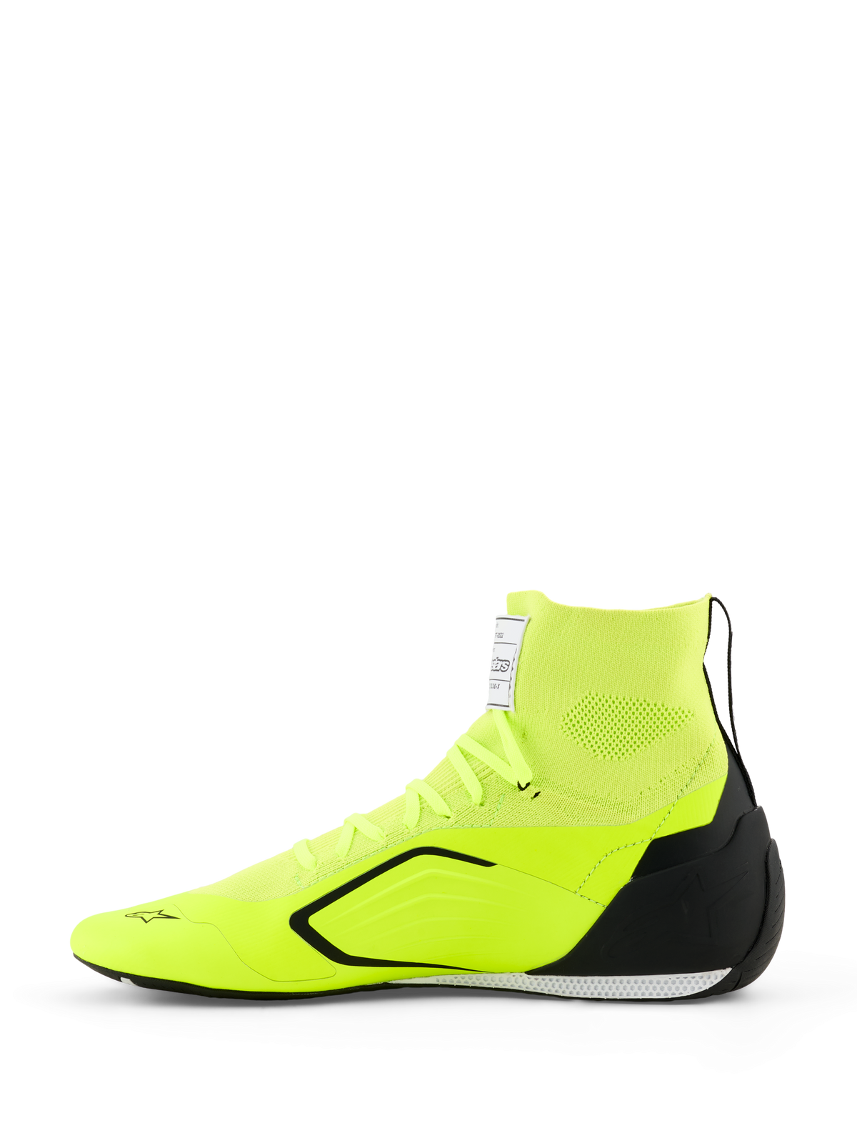 Alpinestars Supertech K Shoes - FIA, Karting Shoes, Yellow Fluo Black White, side view featuring a fully knitted upper with a sock-like collar, black TPU heel counter, thin white and black outsole, and Alpinestars branding on the toe and tongue